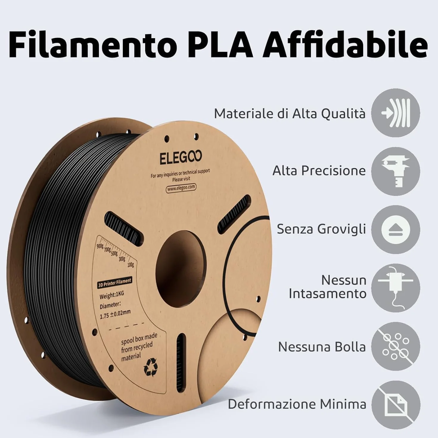 ELEGOO Filamento PLA 1,75 mm 1 kg per Stampante 3D Precisione Dimensionale +/- 0,02 mm