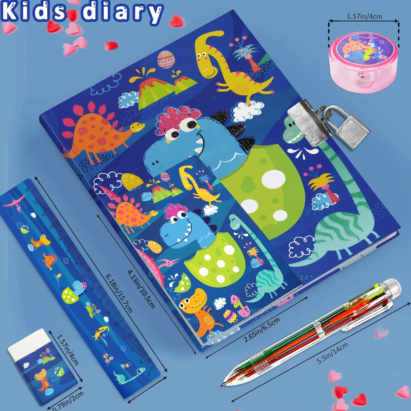 Zestaw Diario Segreto Bambino Blu Dinosauro z Lucchetto, Penna 6 Kolorów, Mini Notes, Righello, Temperamatite dla Dzieci 6-10 Lat