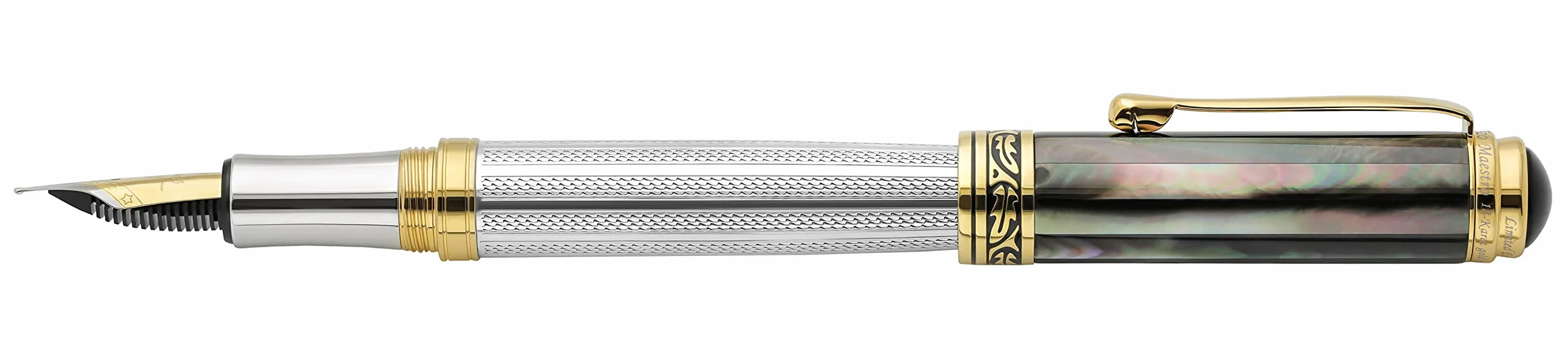 Xezo Penna stilografica Maestro, pennino medio. Argento 925 sterling con madreperla nera di Tahiti e placcatura in oro 18 carati. Realizzata a mano, edizione limitata, numerata