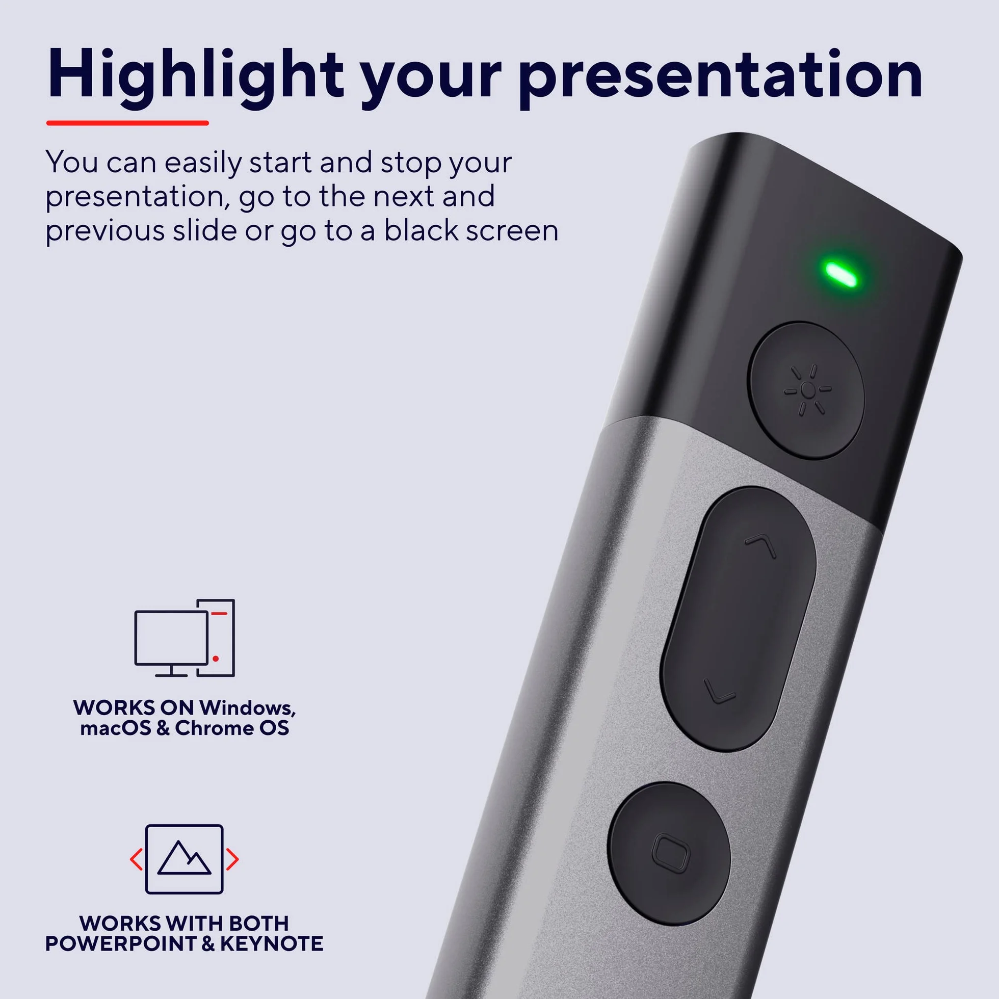 Trust Kazun Dispositivo per Presentazioni Wireless, Design Moderno Ultrasottile, Portata del Segnale Wireless 30 metri, 4 Funzioni PowerPoint, Porta USB, Windows 10, 11, Grigio