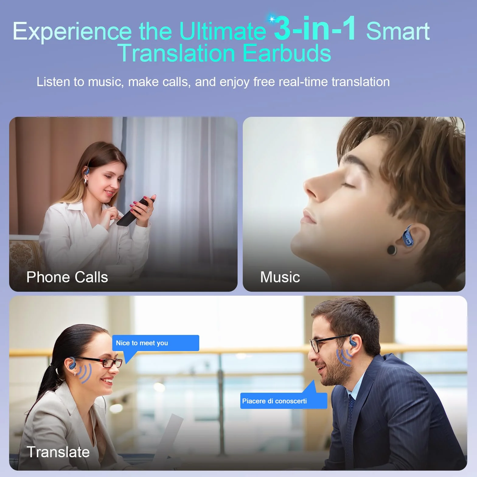 AI Cuffie Traduzione, 3 in 1 Bluetooth 5.4 Auricolari Traduzione con 164 Lingue/6 Modalità di Traduzion, 75 Ore Cuffie Traduttori Istantanei con APP, Auricolare bluetooth per Viaggi/Affari, Blu