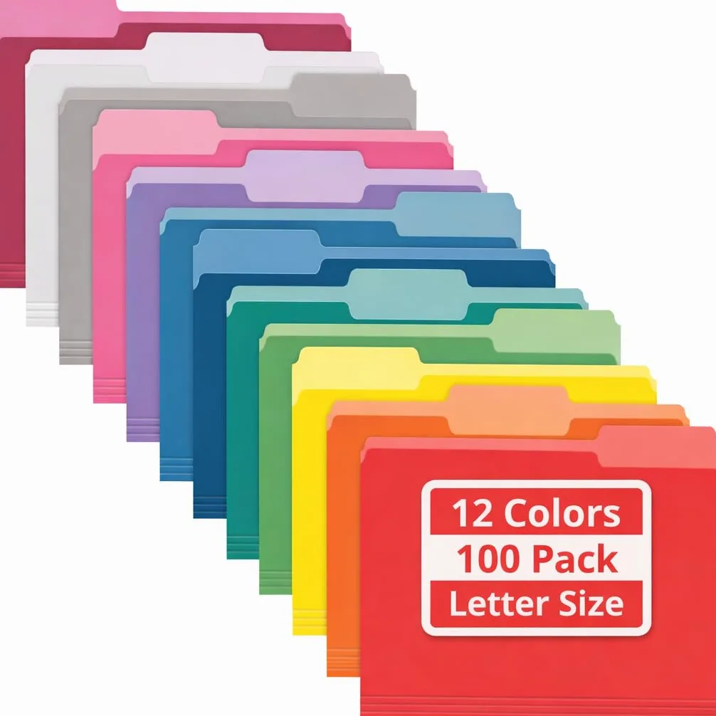 Enday Cartelle colorate formato lettera (100 pezzi) colori assortiti, 1/3 linguette tagliate a colori, cartelle colorate bicolore per scuola, casa, ufficio, organizzazione documenti