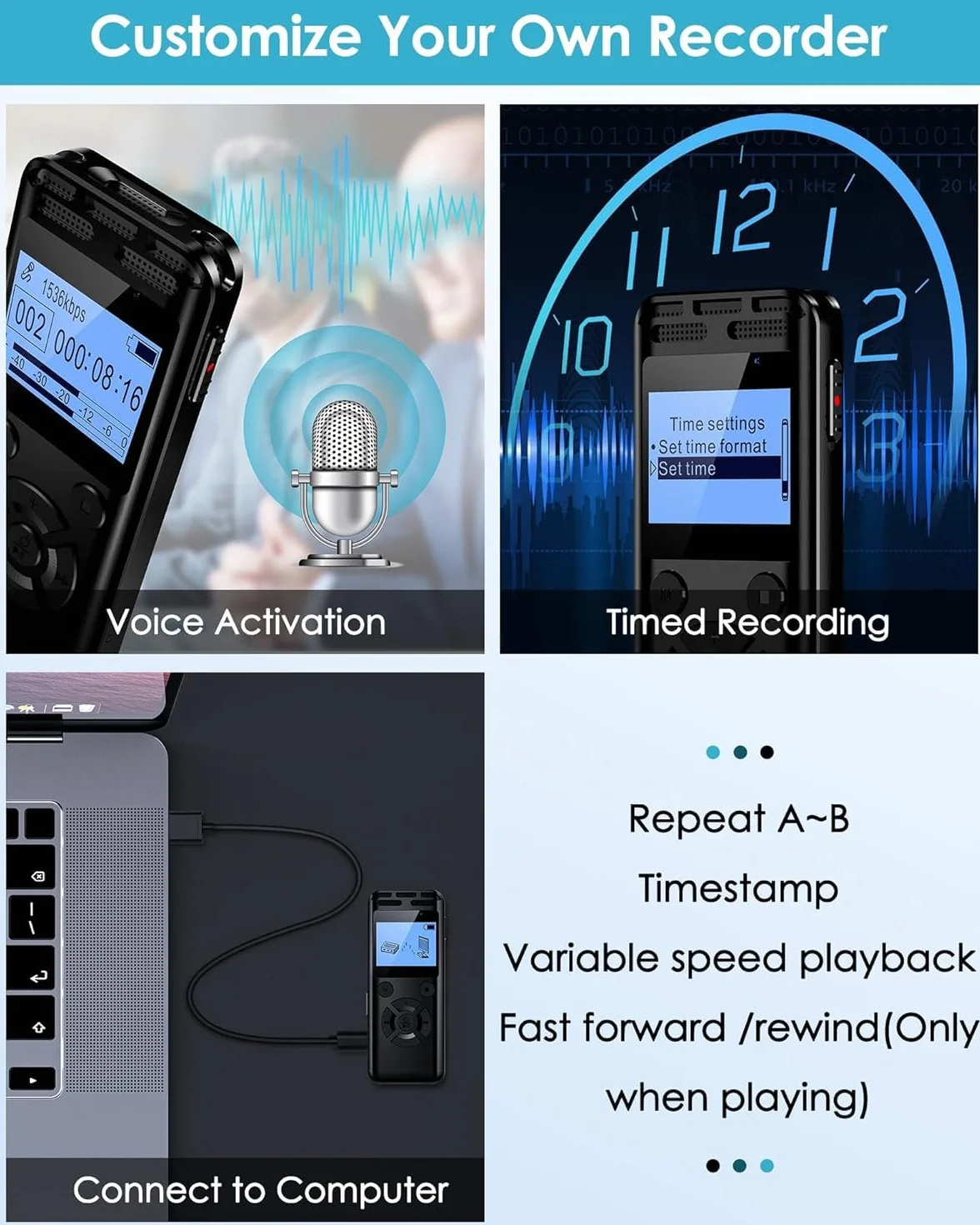 64GB Registratore Vocale Digitale Con Riduzione Rumore, Stereo Hd 1536Kbps, Metallo, Attivazione Vocale, Riproduzione E Password, Dispositivo Per Interviste, Riunioni, Lezioni (64GB)