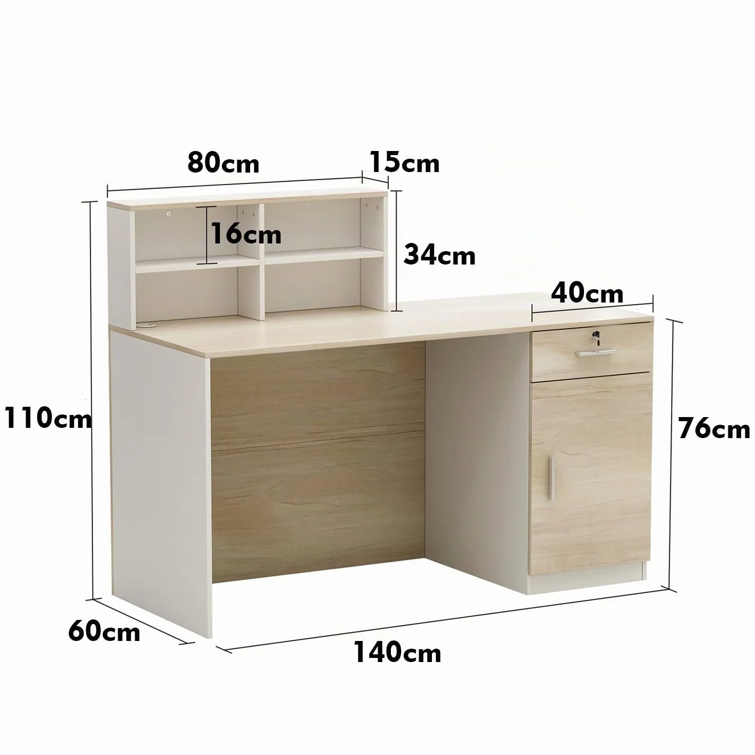 bancone reception, mobile da ufficio in legno e bianco, 140 x 60