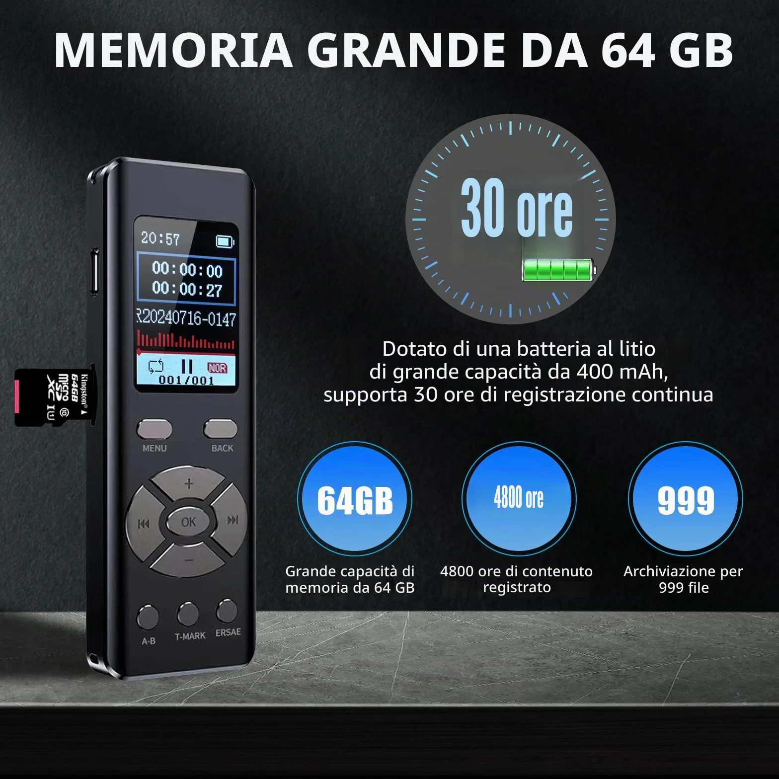 Registratore vocale digitale 64G, dittafono MP3 con funzione loop A-B, registrazione HD 1536 Kbps
