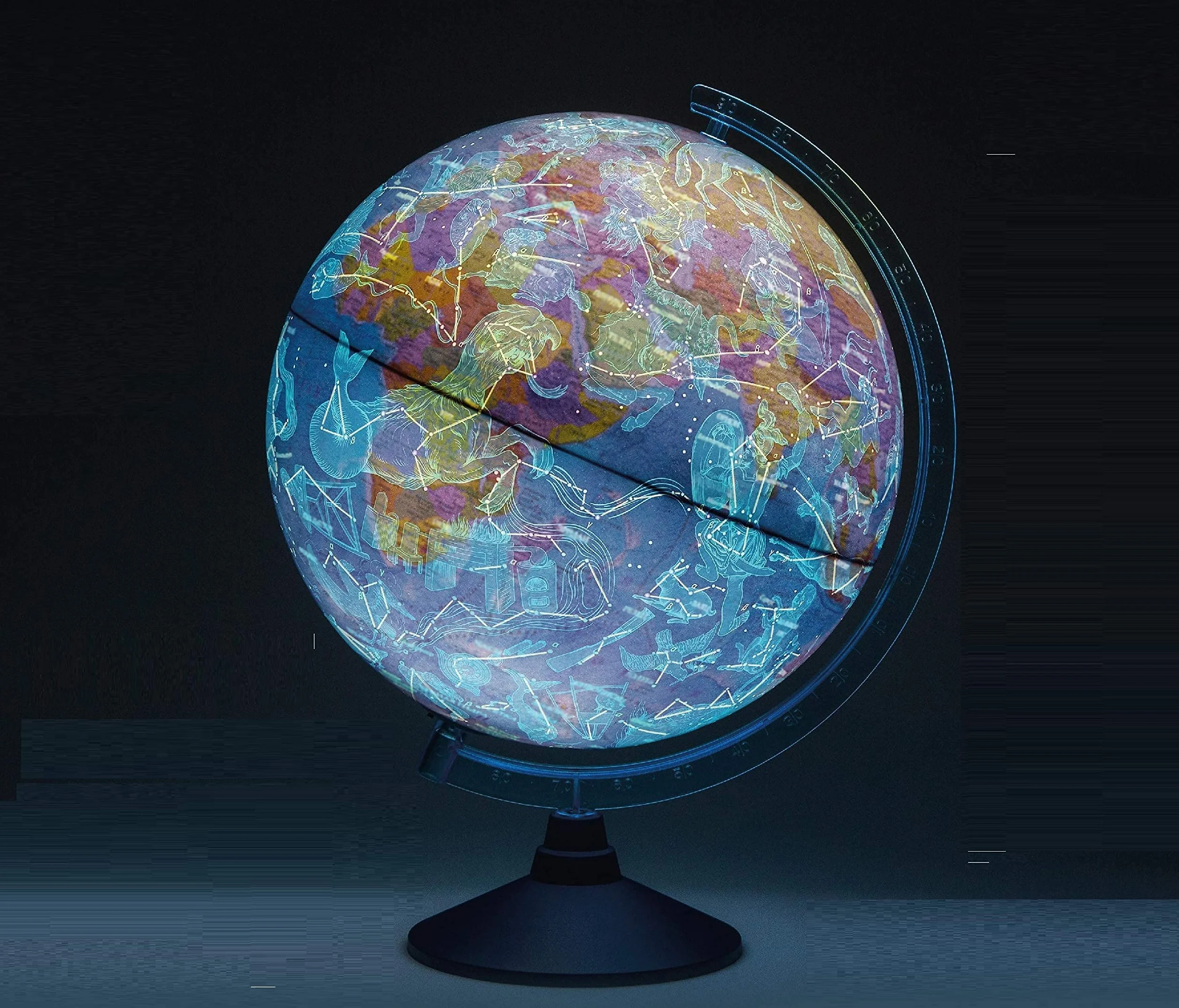 EXERZ 21cm Mappamondo Illuminato Con Illuminazione A LED Senza Cavi Giorno E Notte/Globo - in Inglese - Mappa Fisica (Giorno) - Constellazione (Notte) - App di Realtà Aumentata iOS