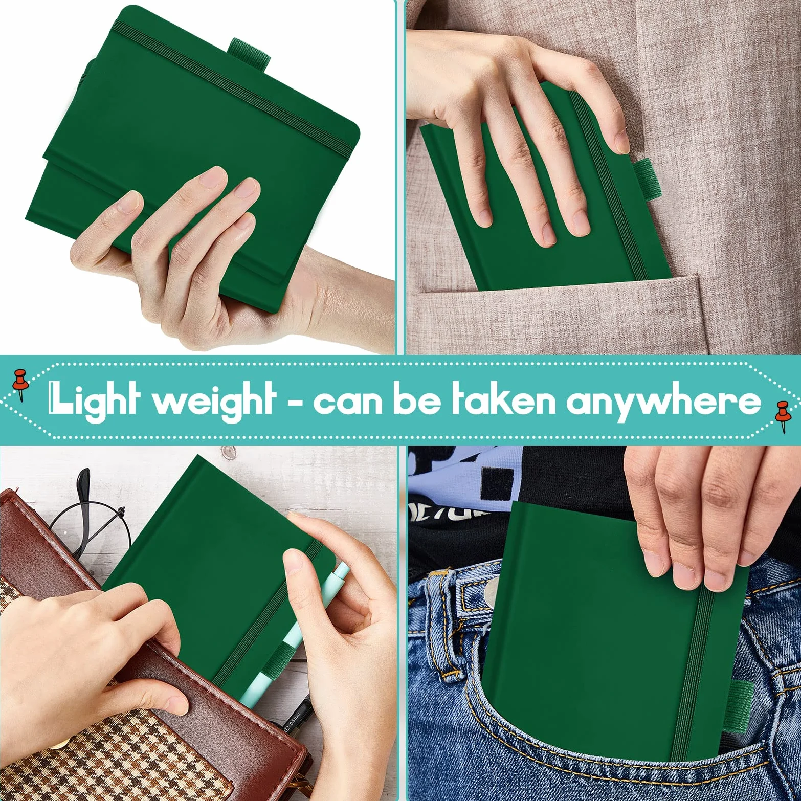 40 quaderni piccoli formato A6 tascabile, 3,5 x 12,5 cm, piccolo quaderno in pelle a righe, con fascia elastica portapenne, nastro per diario scolastico, ufficio (verde)