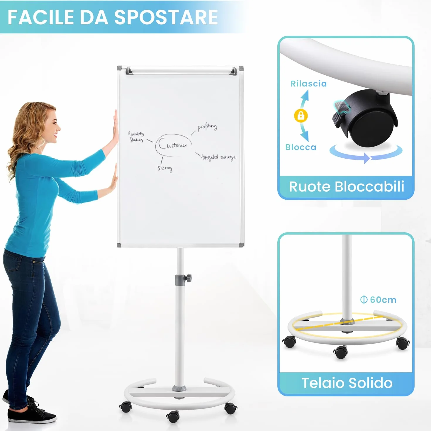S SWANCROWN Lavagna a Fogli Mobili 100x70cm con Rotelle, Lavagna Magnetica con Cavalletto Altezza Regolabile Ufficio