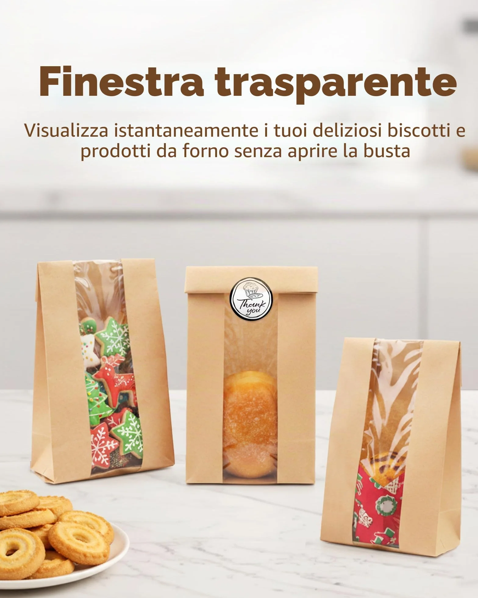 Sacchetti di Carta per Alimenti 50 Pezzi con Sigillo e Finestra, Kraft per Pane Dolci Torte, 8,89 x 5,85 x 19,05 cm