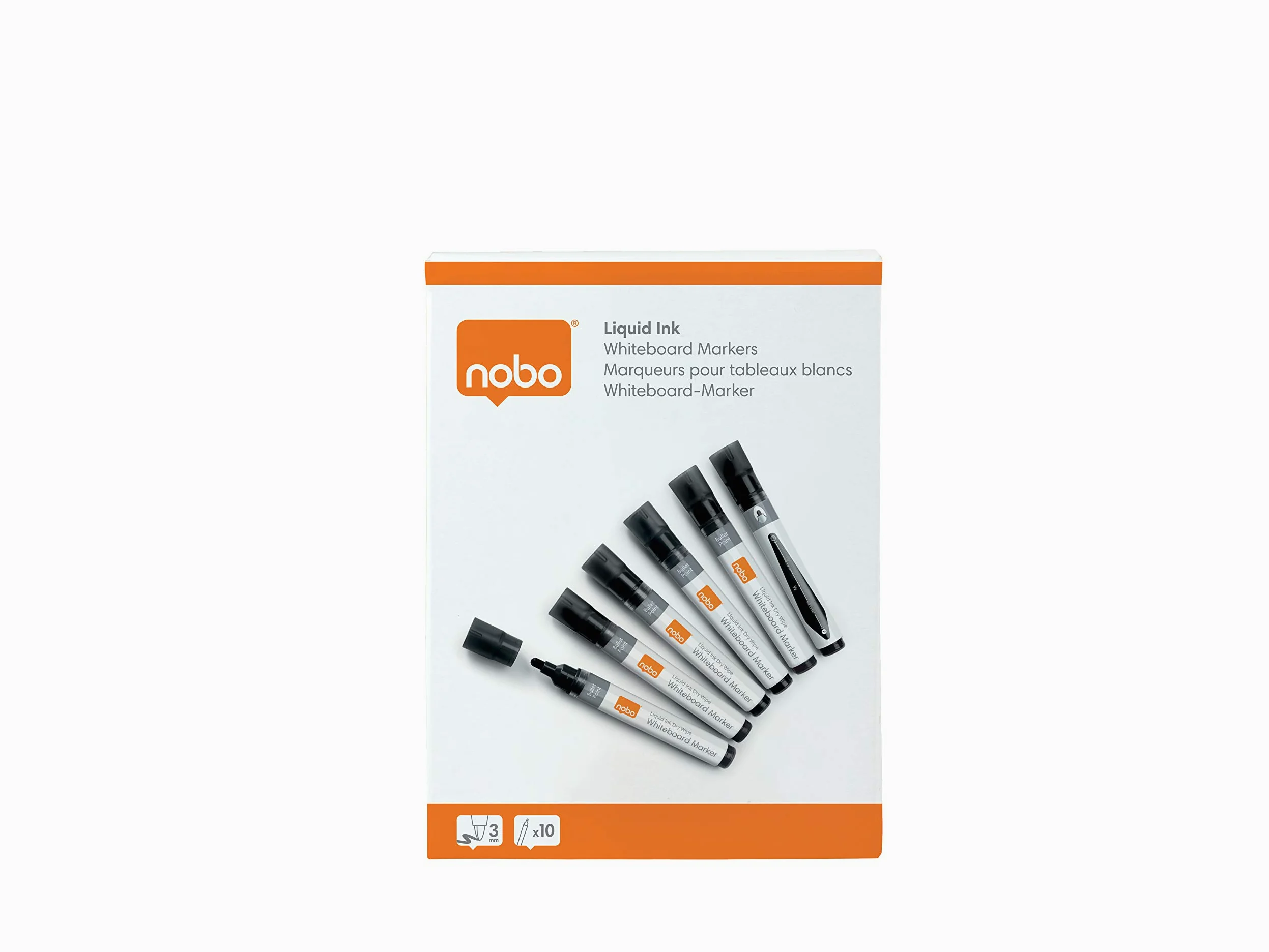 Nobo Pennarelli per Lavagna Bianca a Inchiostro Liquido Cancellabili a Secco, Punta Tonda Larga 3 mm, Confezione da 10, Nero, 1915377