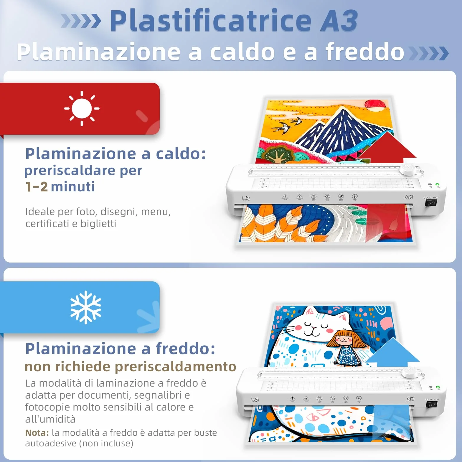 Plastificatrice A3,30 buste di plastificazione,Adatto per A3/A4/A5/A6,A3 Plastificatrici con taglierina di carta e angolo rotondo,Set Plastificatrice a caldo e freddo per ufficio,casa,scuola