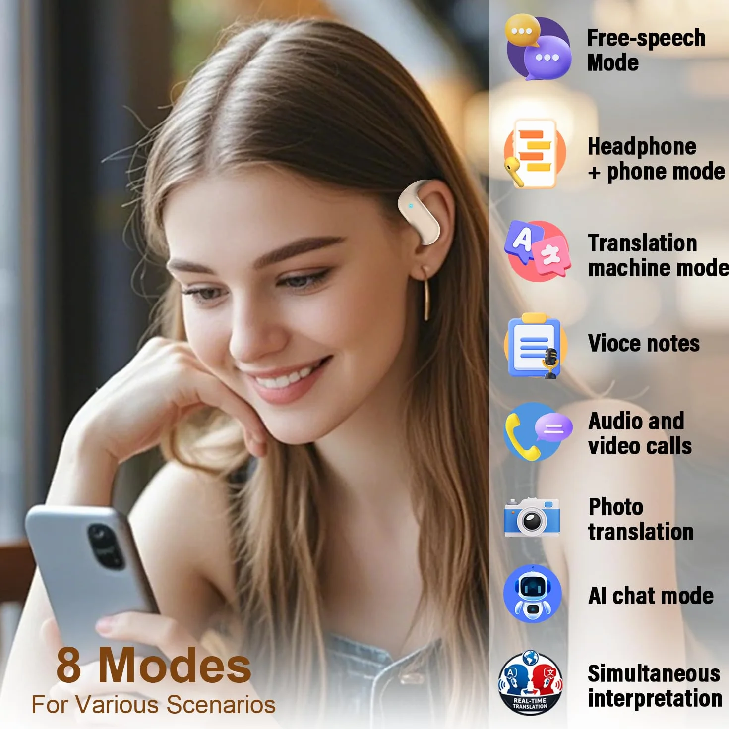 AI Cuffie Traduzione Simultanea, 3-in-1 Bluetooth 5.4 Cuffie Traduzione con 165 Lingue/8 Modalità, 42 Ore Open Ear Auricolari Bluetooth con APP e Codice Autorizz Permanente per Viaggi/Affari, Bianco