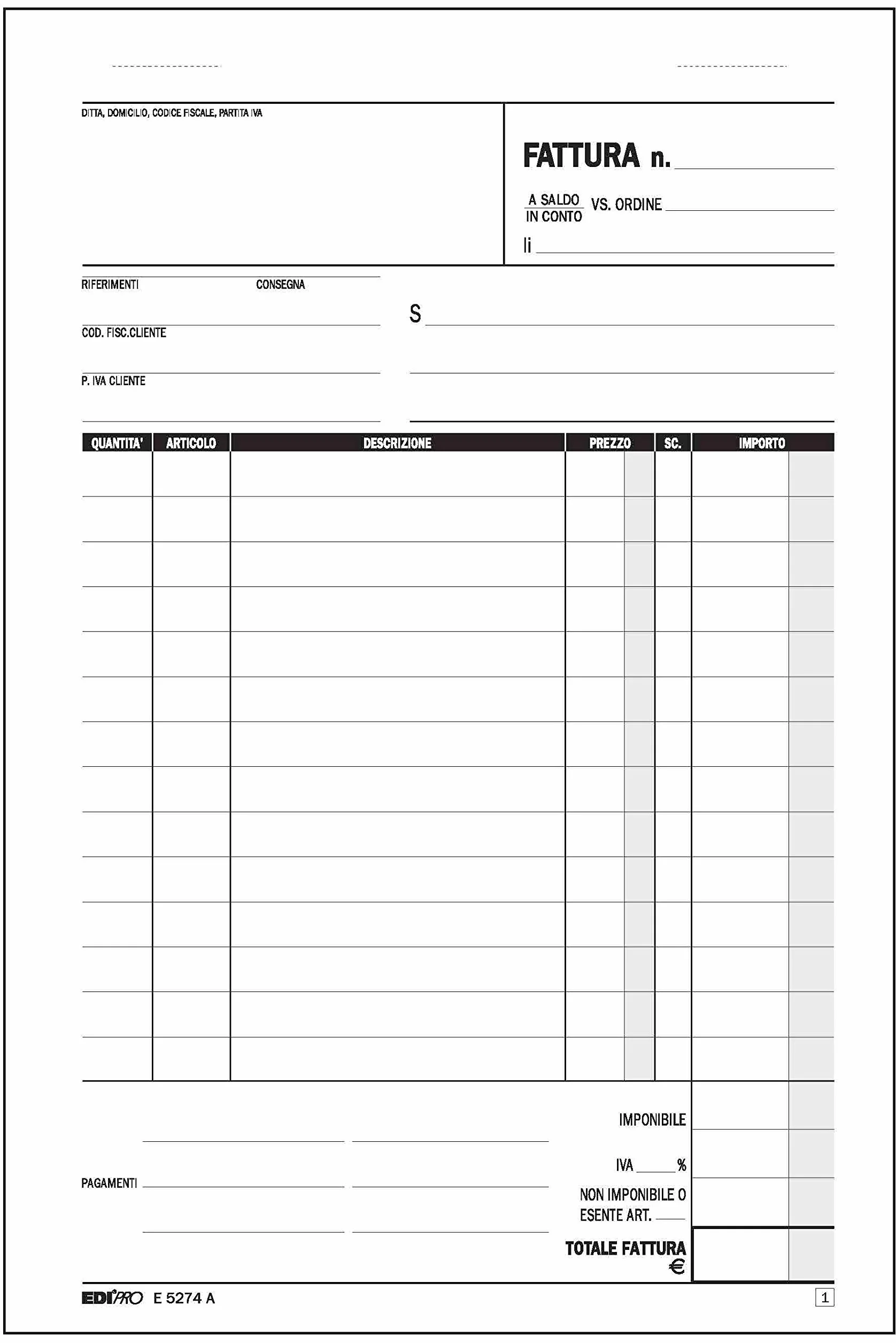 Blocco fattura 1 aliquota 50x2 autoricalcante 22x14,8 EDIPRO E5274A