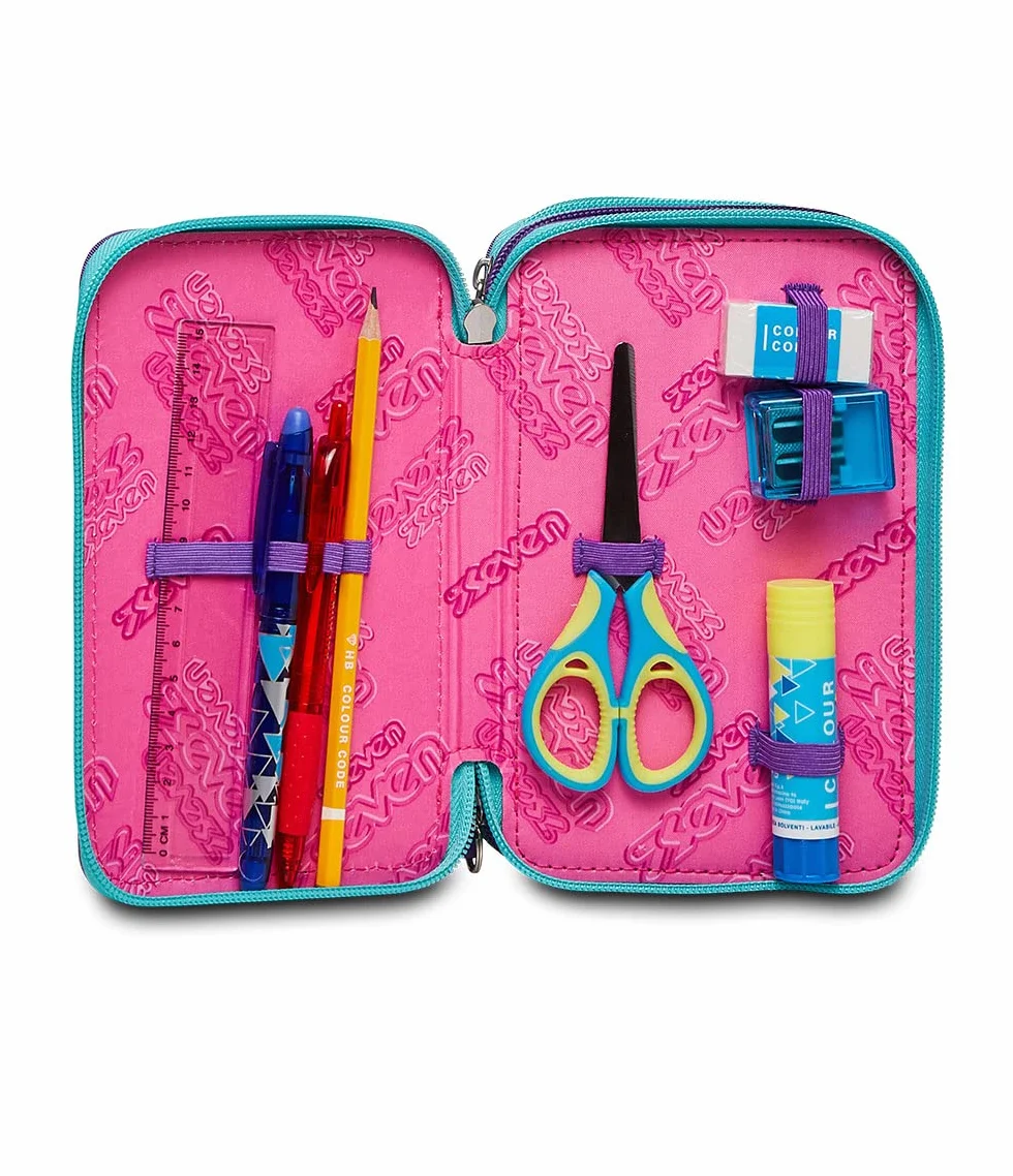 Seven Astuccio Scuola Elementare 3 scomparti con Matite Pennarelli Penne 3 Zip Trendy Heart Girl rosa/azzurro