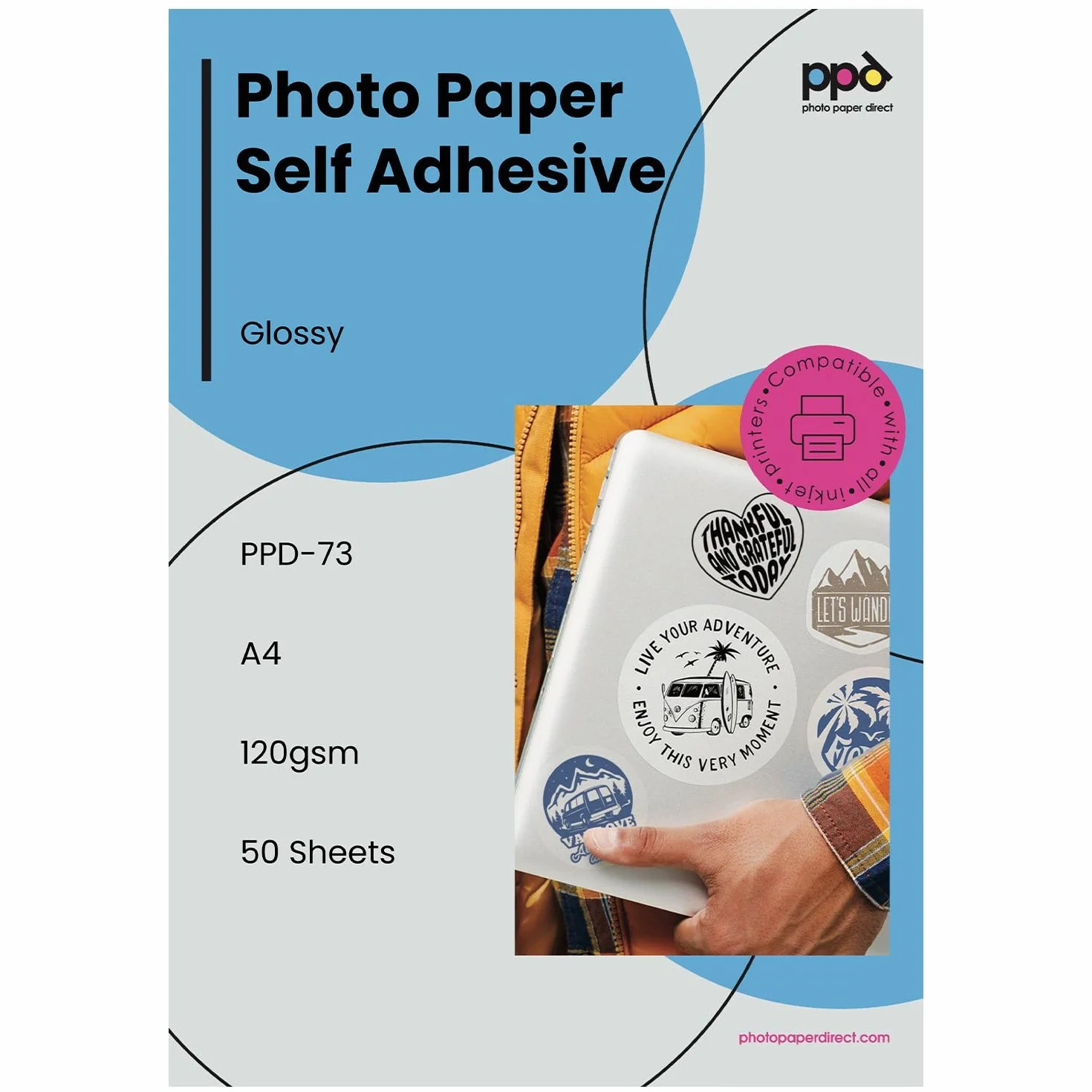 PPD A4 50 Fogli Carta Fotografica Lucida Adesiva 120g per Stampanti a Inchiostro