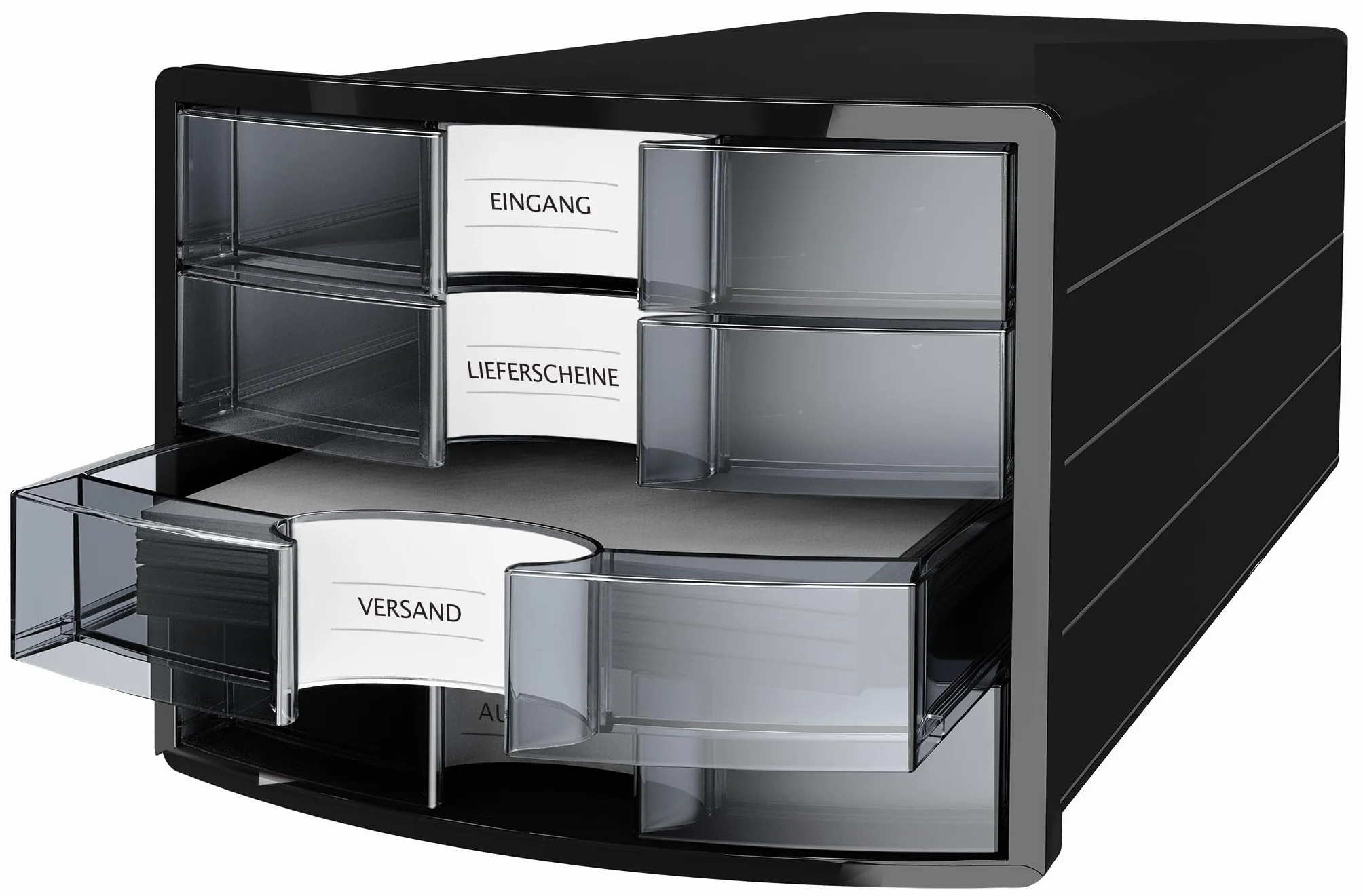 Cassettiera HAN IMPULS 2.0 – Design accattivante abbinato a una qualità eccellente. Con 4 cassetti chiusi per DIN A4/C4, nero-traslucido, 1012-363