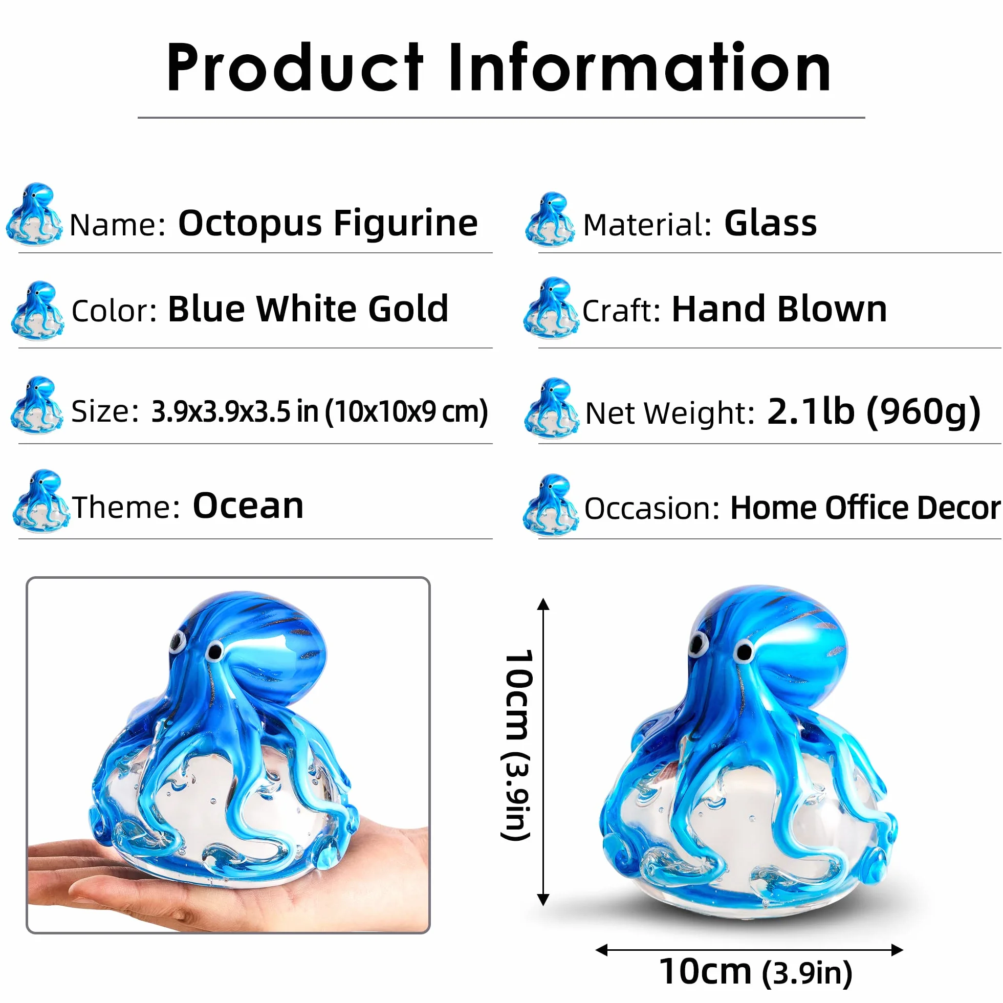 EUSTUMA Ornamento a forma di polpo in vetro soffiato a mano, ornamento a forma di animale marino per acquario, collezione di animali marini per regalo di compleanno, fermacarte da ufficio in vetro per
