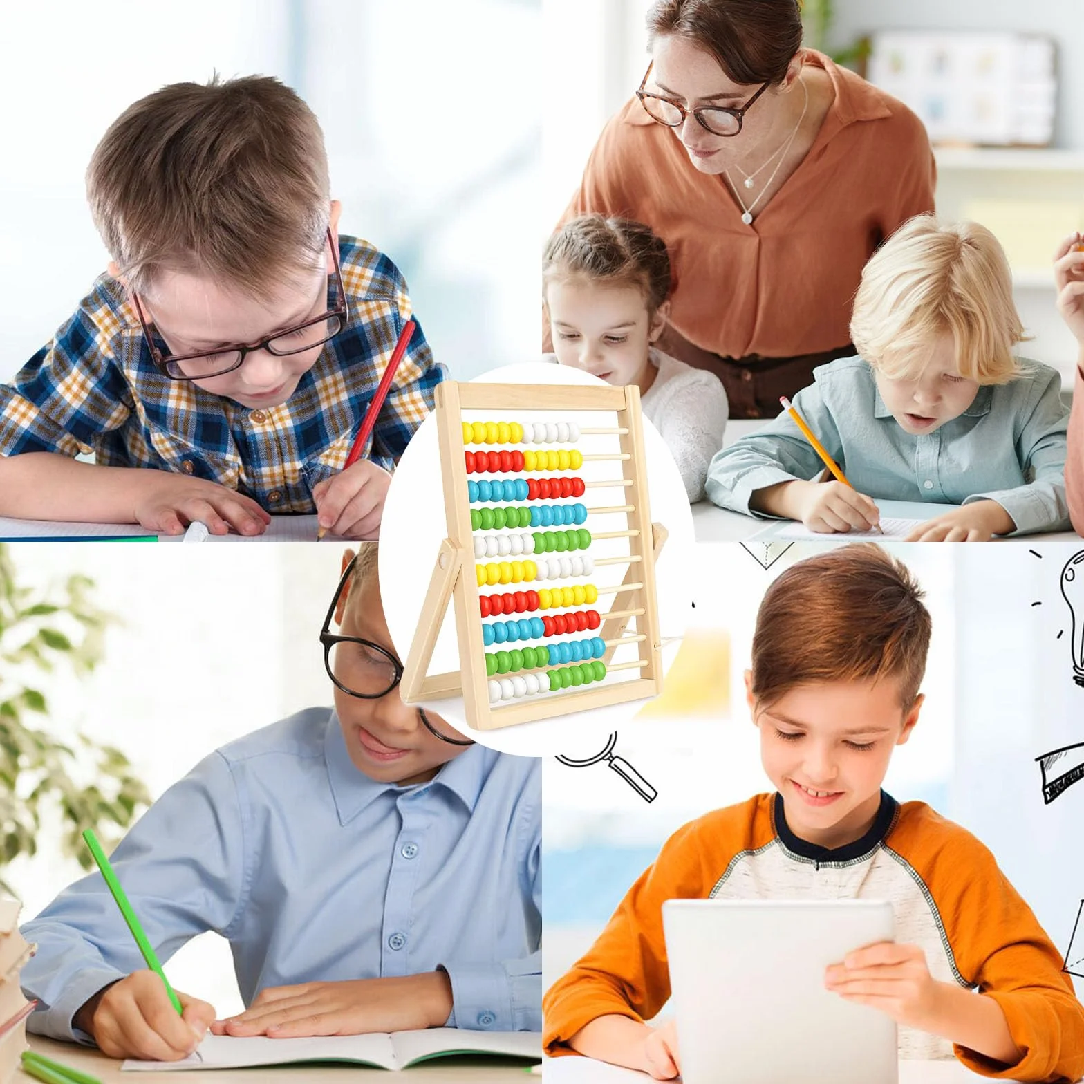 Pallottoliere per Bambini Legno con 100 Perline Multicolori, Abaco Scuola Primaria, Pallottoliere per Bambini, Abaco Legno Calcolatrice, Pallottolieri di Legno, Abaco di Montessori