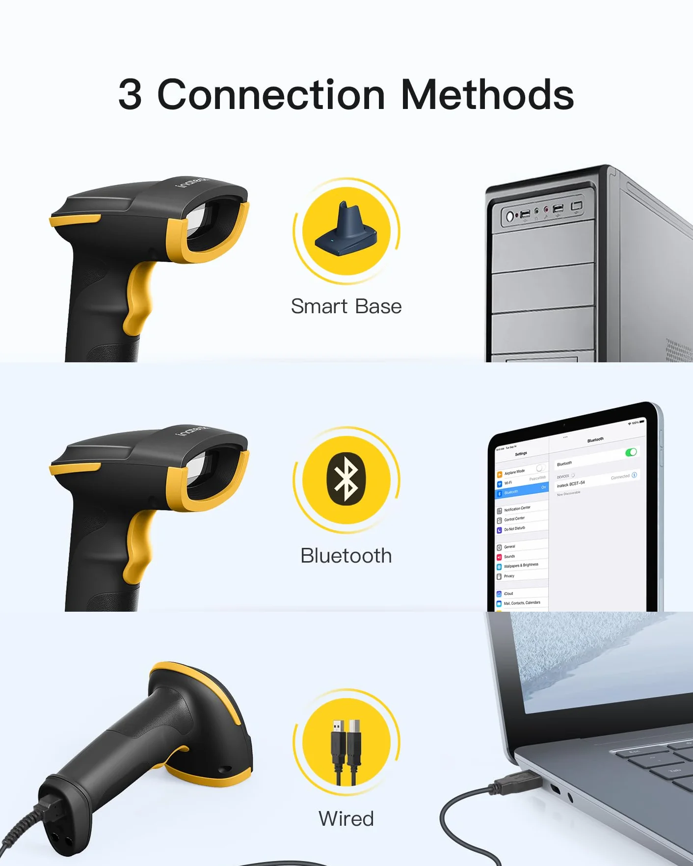 Inateck Scanner per Codici a Barre 2D Wireless, Bluetooth 5.0, Base Intelligente 2.4Ghz, Scansione su Schermo, BCST-54 (nero)