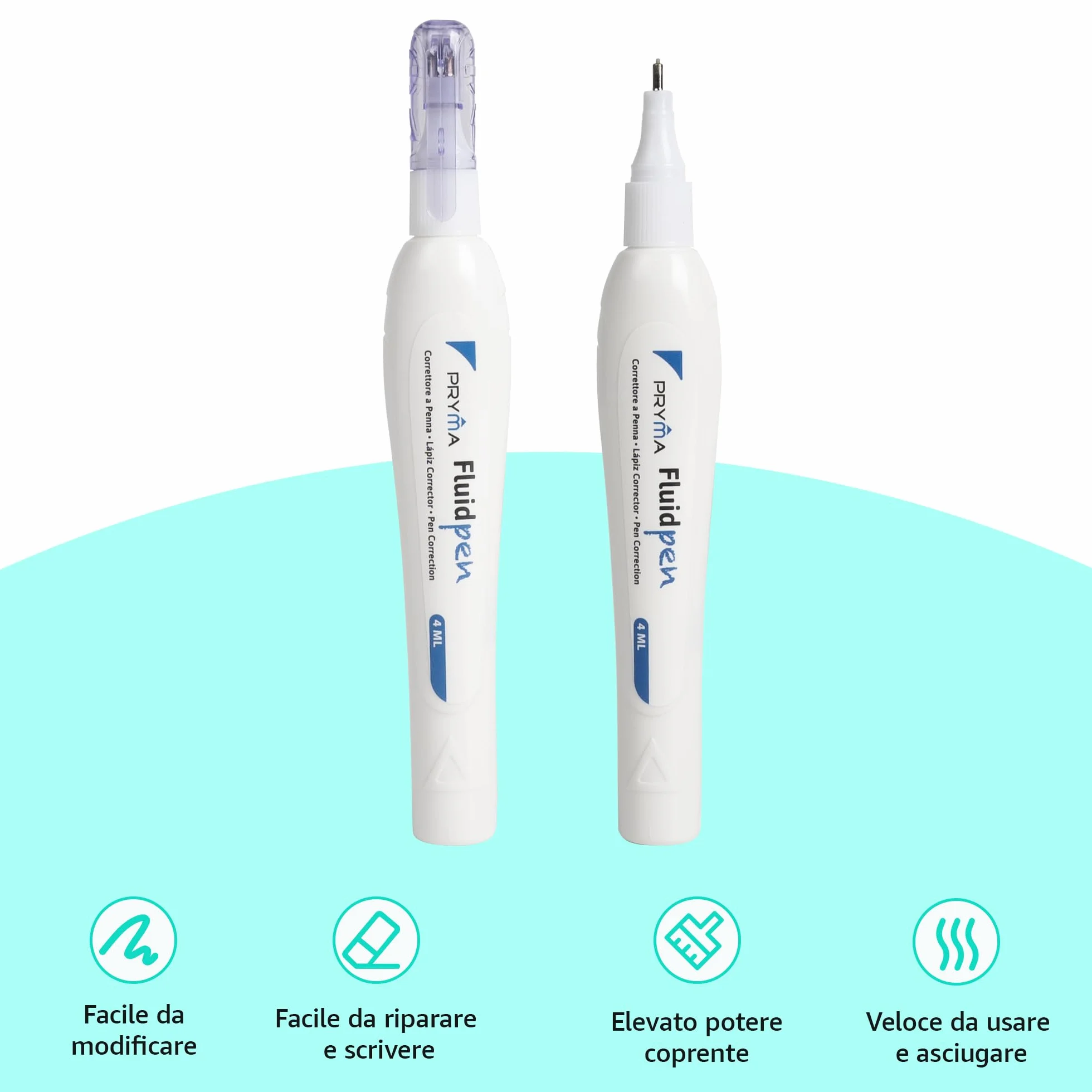 Pryma Correttore a Penna 4 ml Punta 2,2 mm Set 4 Pezzi Bianchetto Asciugatura Rapida