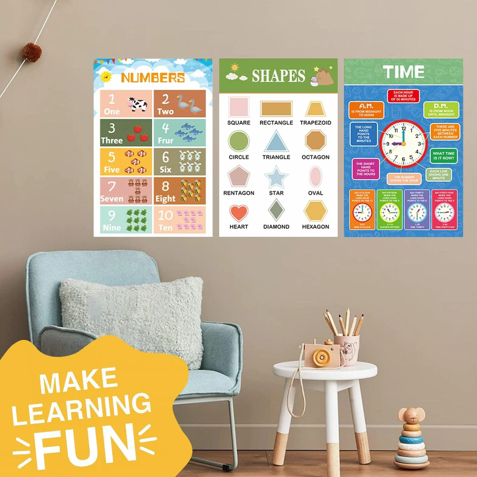 Poster educativi 40,2 x 40,2 cm set di 12 stampe con numeri e lettere per bambini in età prescolare