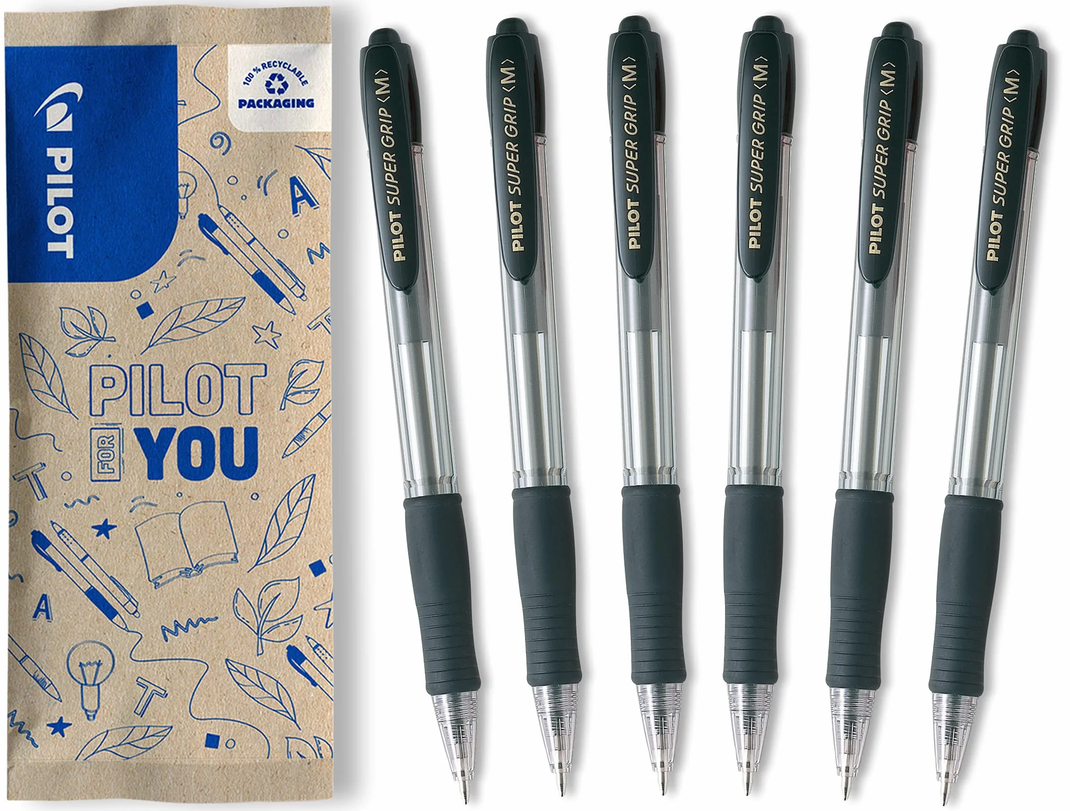 PILOT Set di 6 Penne a sfera Super Grip Nero Punta Media