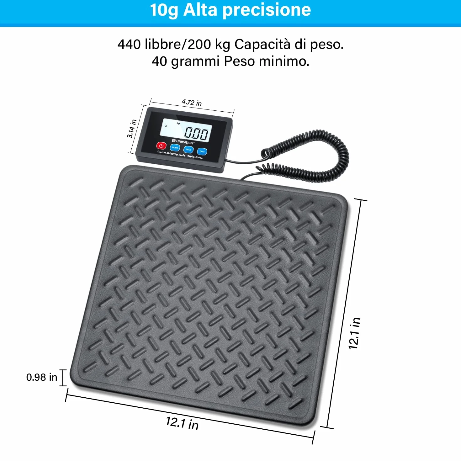 UNIWEIGH Bilancia postale 440lbs x 10g, piattaforma in lega d'acciaio, LCD Hold Tara