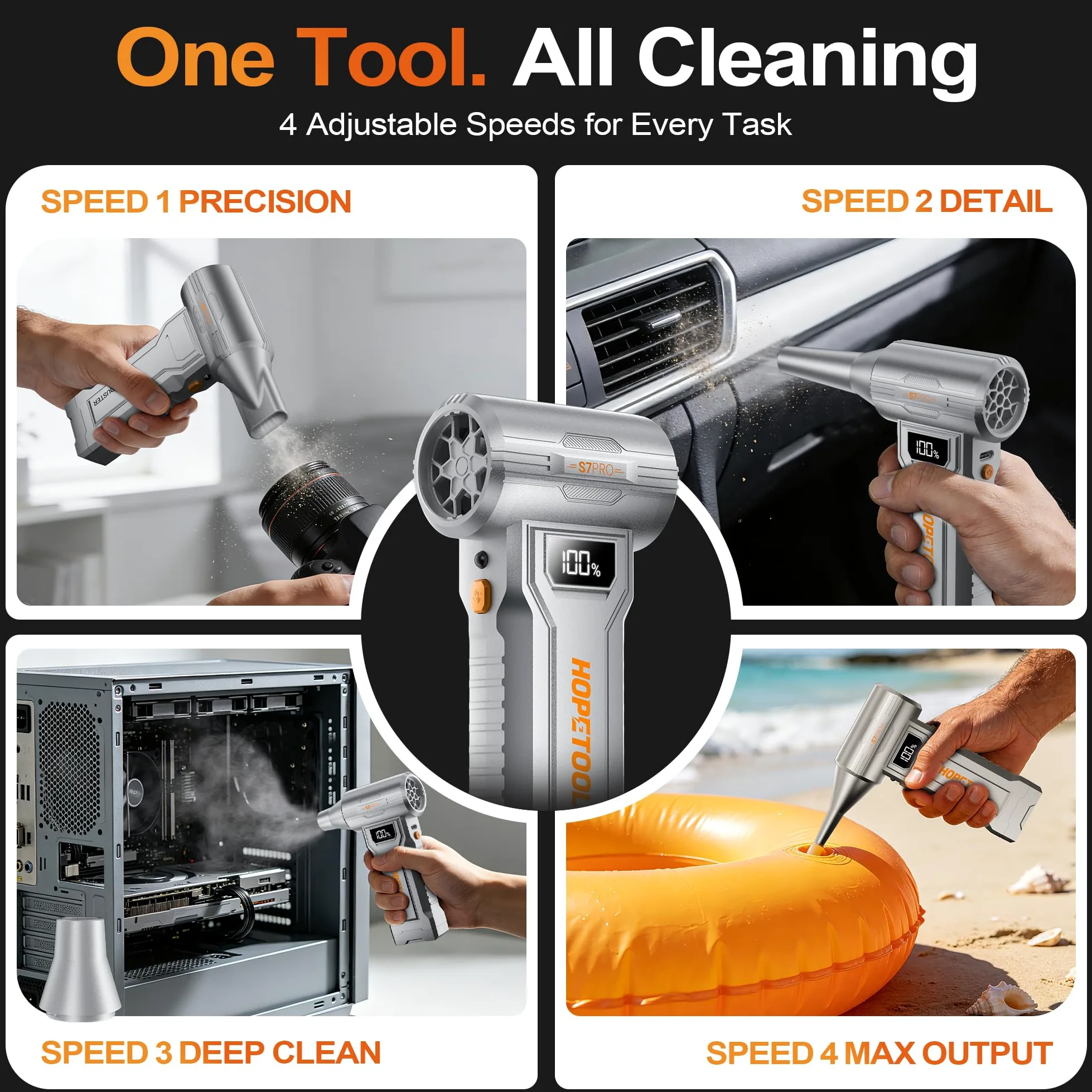 S7 Pro Aria Compressa Elettrico 150K Giri/Min, Soffiatore Aria Compressa Professionale con Display Digitale e Luce LED, Ricaricabile Senza Fili, 4 Velocità per PC, Tastiera, Fotocamera, Auto