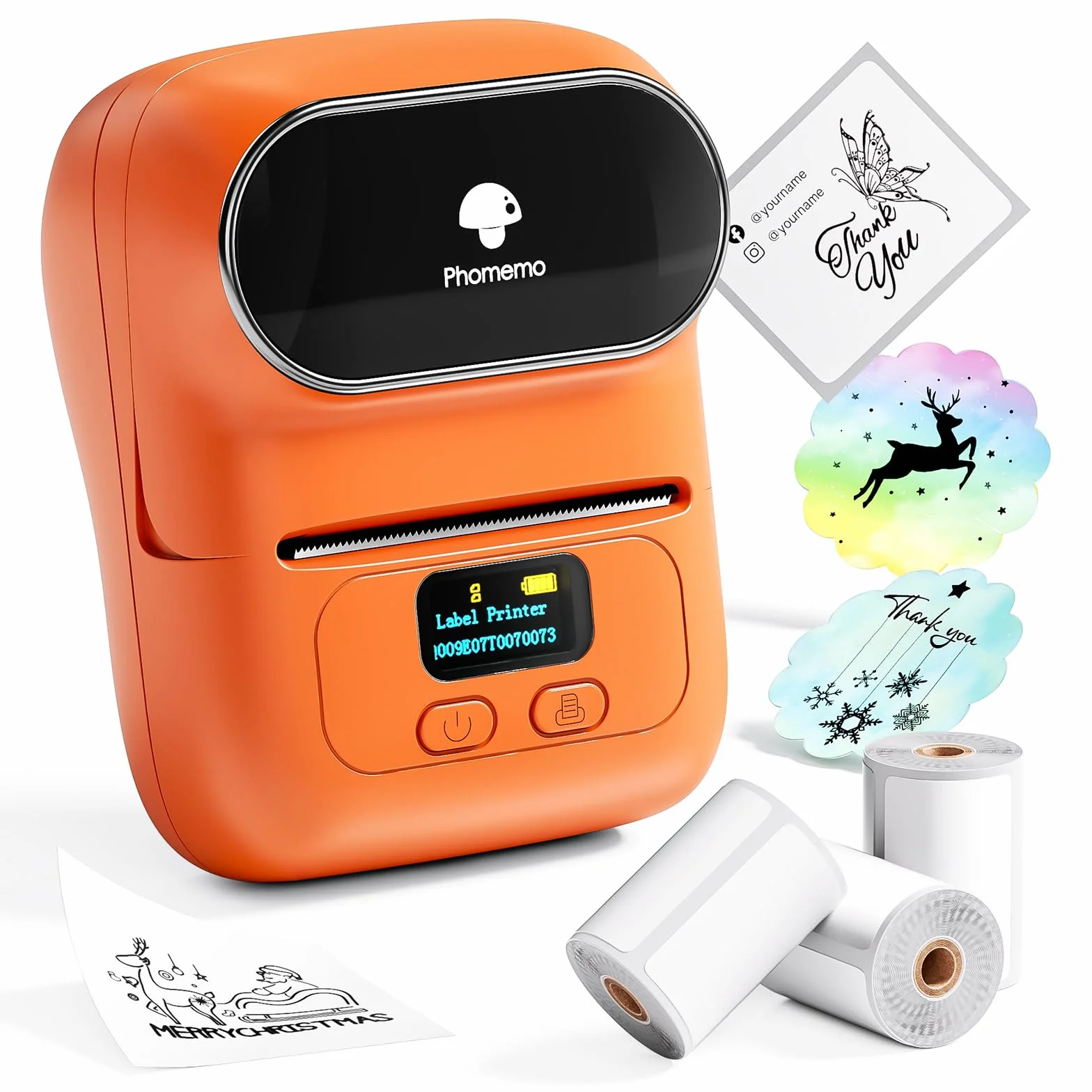 Phomemo M110 Bluetooth Etichettatrice Termica Portatile Arancione con 3 Rotoli Etichette per Piccolo Negozio