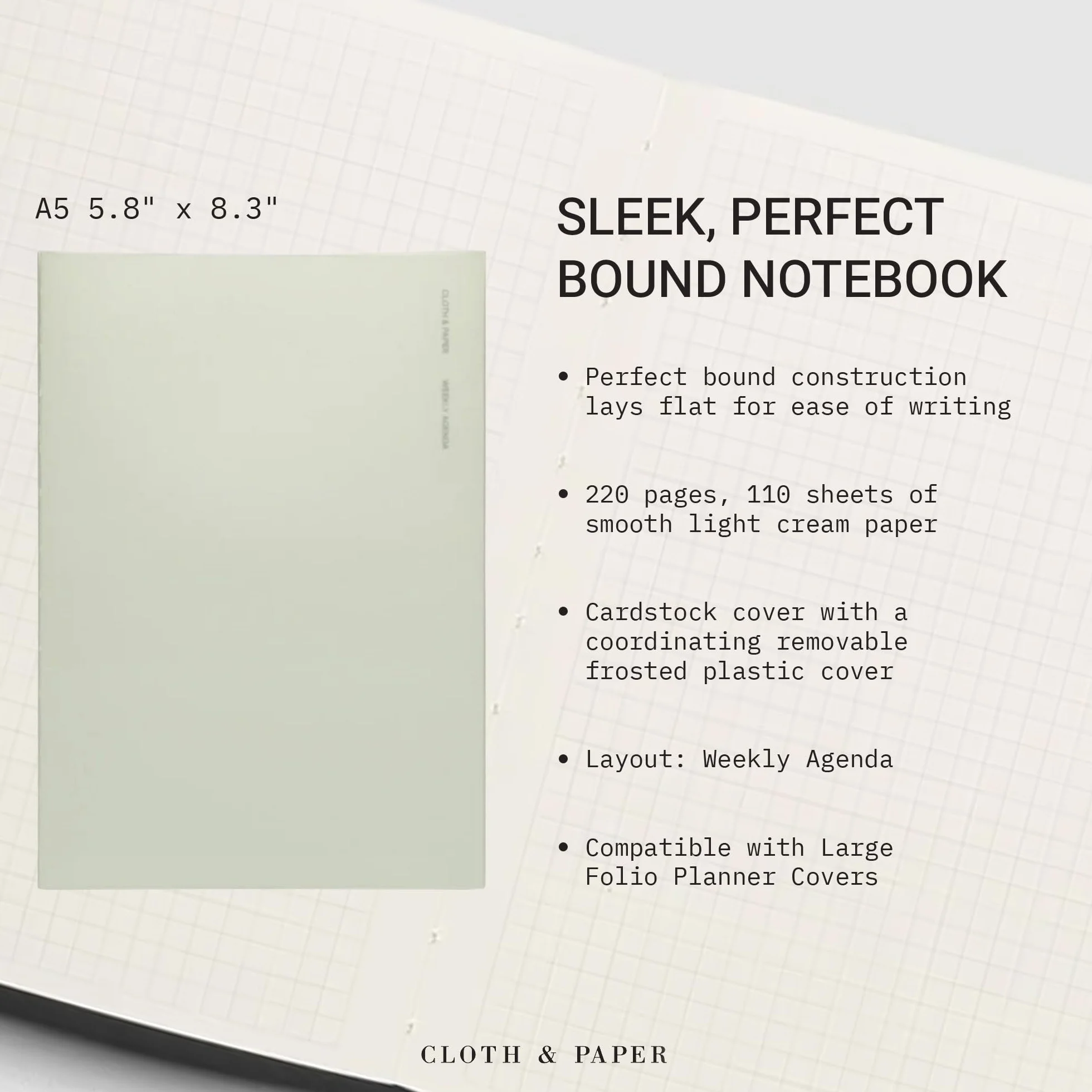 Cloth & Paper Taccuino rilegato perfettamente, agenda settimanale, Matcha, formato A5, 14,7 x 21,1 cm, layout con pagina per appunti a griglia, per compiti, pianificazione e pianificazione settimanale