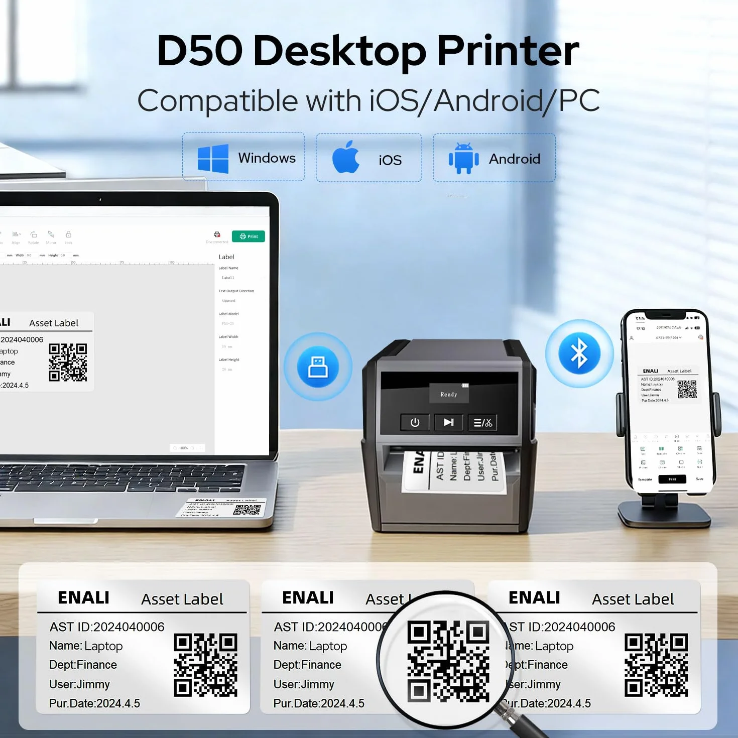 Makeid D50 Stampante per etichette Bluetooth Tecnologia a trasferimento termico, adatta per negozi al dettaglio, uffici, Imprese e fabbriche compatibile con telefoni cellulari e computer
