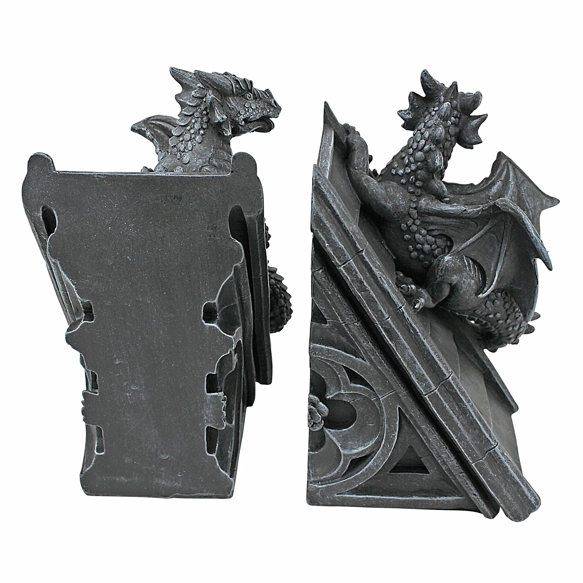 Design Toscano Decorazione in stile gotico Il Castello del Drago Statuette decorative reggilibri, poliresina, pietra grigia, 20,25 cm, confezione da due