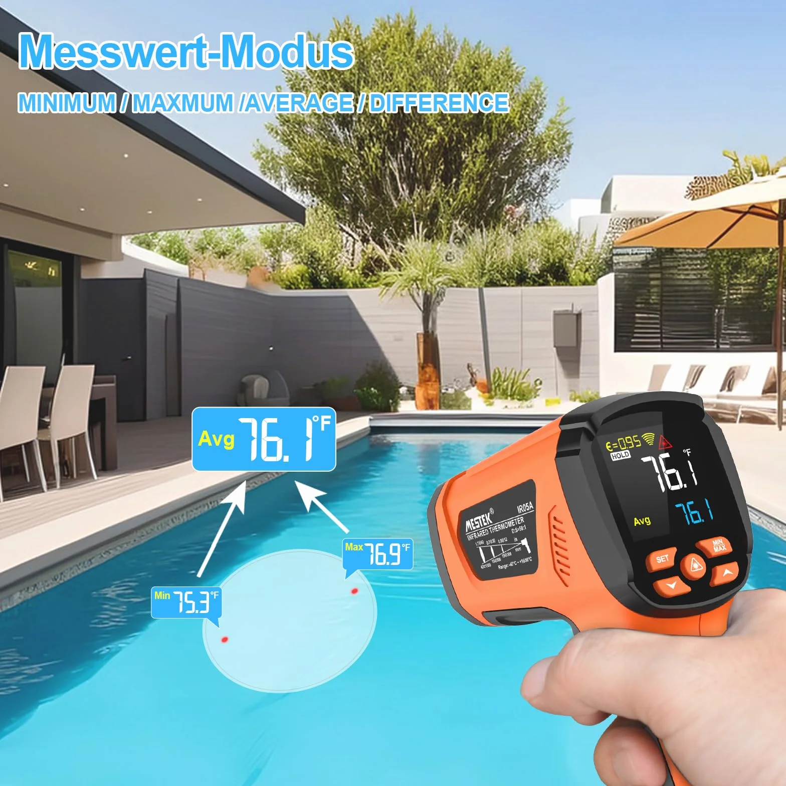 MESTEK Termometro a Infrarossi Digitale -40°C~1600°C con K-Probe Senza Contatto LCD