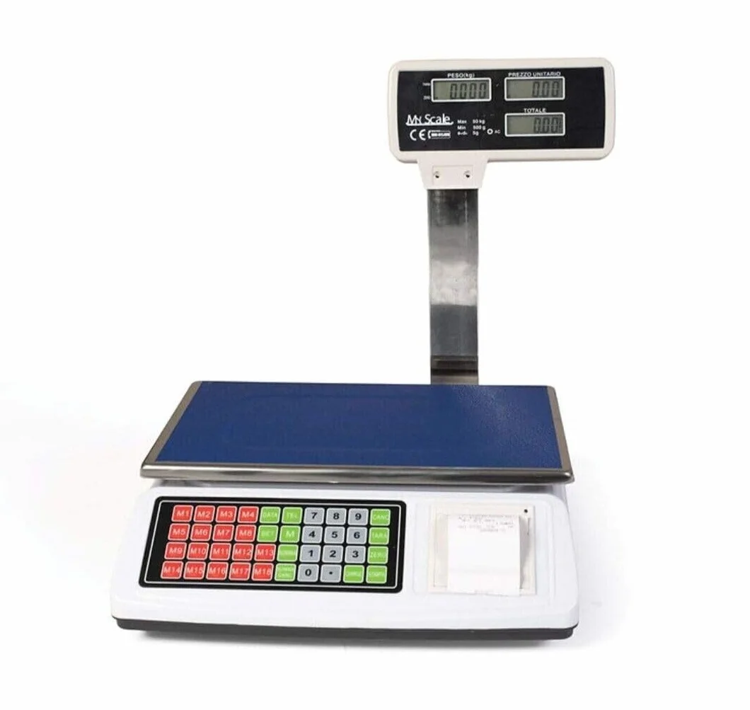 Bilancia da banco Bilza con scontrino elettronica portata 50kg, 6 display LCD retroilluminati, memoria prodotto, stampa ricevuta