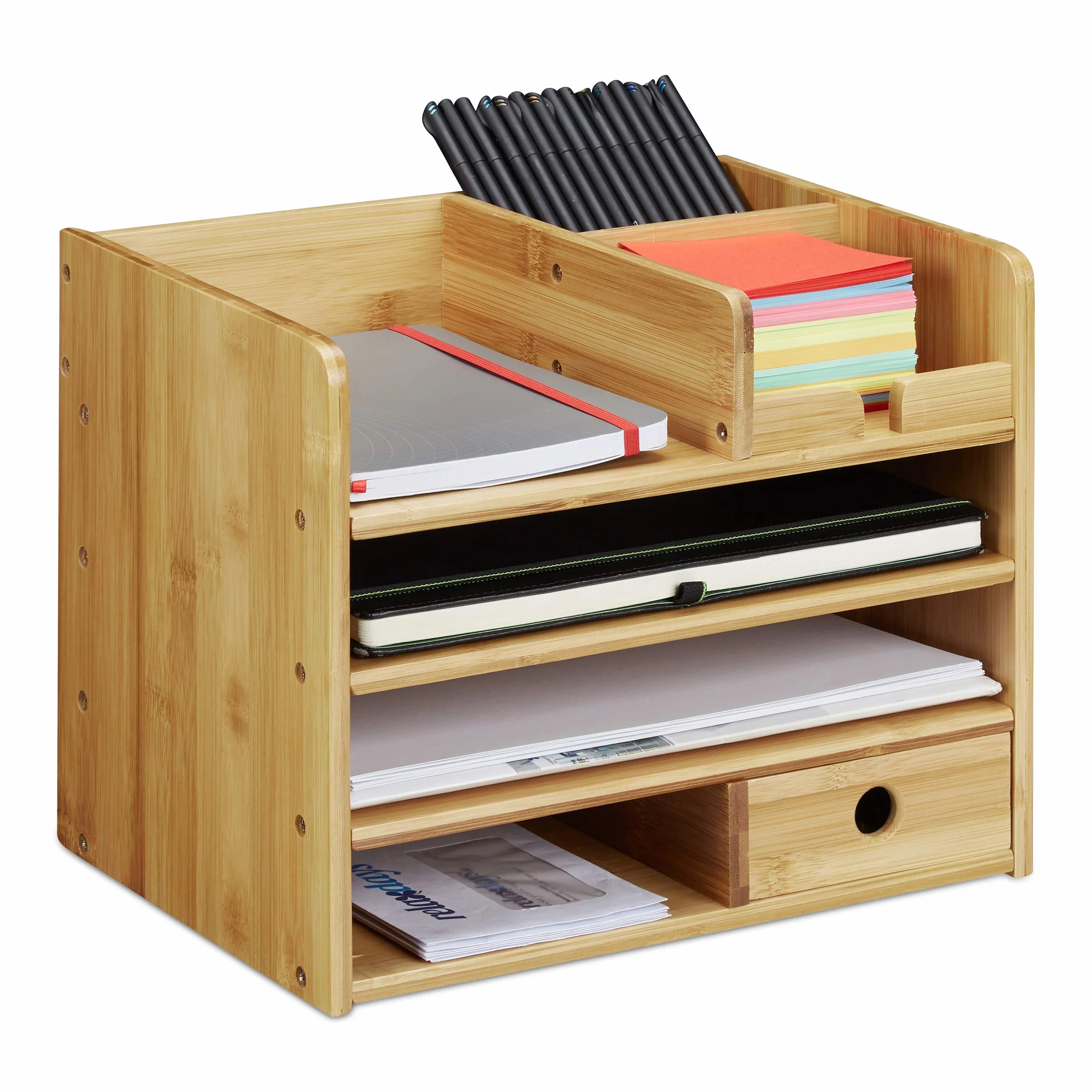 Relaxdays Portaoggetti da Scrivania, Portalettere A4, Desk Organizer per Penne e Blocco Appunti, Organizzatore, bambù, Naturale, 26 x 33 x 24 cm