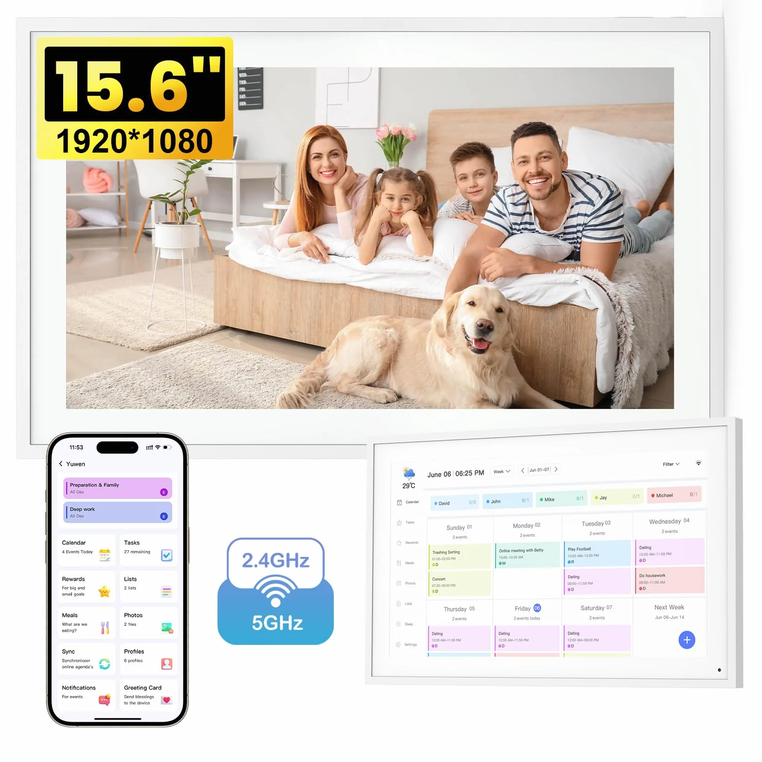 NEWYES Calendario digitale smart da 15,6 pollici con touchscreen, organizer da parete senza abbonamento, sincronizzazione Google/iCloud/Outlook, agenda elettronica con pianificatore di pasti e