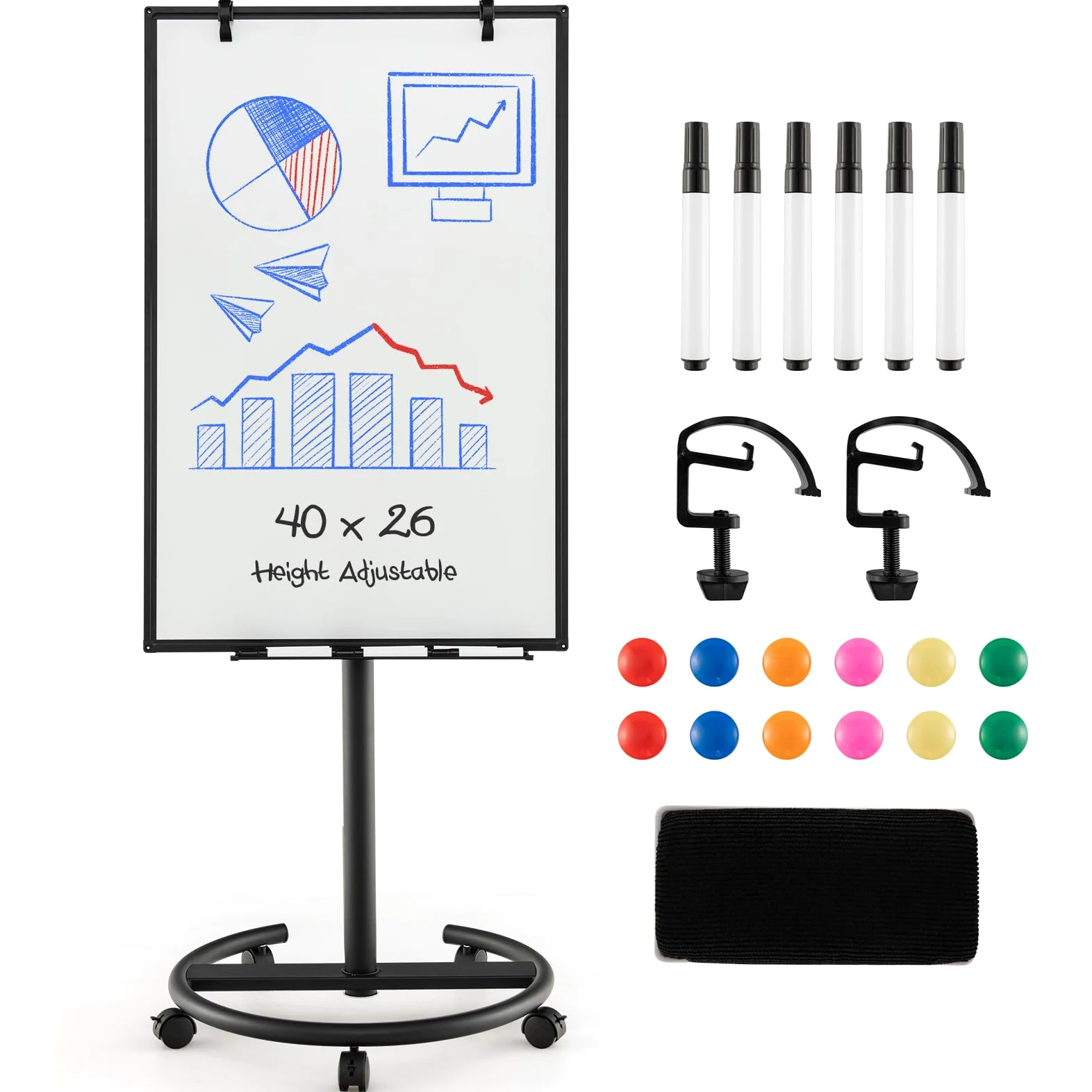 GYMAX 100 x 65 x 132-192 cm Lavagna Bianca a Secco Mobile, Lavagna Magnetica con Ruote e Supporto Regolabile in Altezza, 1 Cancellino,12 Magnetici, 25 Fogli di Carta, 6 Penna, 2 Graffette (Nero)