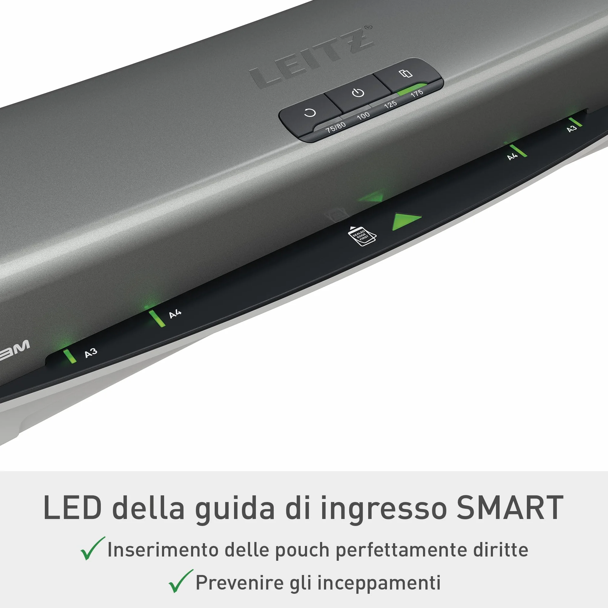 Leitz iLAM Office Pro Plastificatrice A3 ? Riscaldamento ultra-rapido in 1 min, 75-125 mic, anti-inceppamento, spegnimento automatico, include 5 pouch A4 per plastificazione, grigio-bianco, 75180084