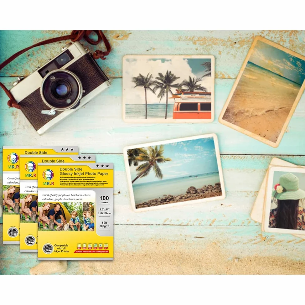 MR.R Carta fotografica a getto d'inchiostro lucida a doppio lato, 21,6 x 28 cm (dimensione lettera) con 100 fogli per confezione, 36,3 kg - 300 g/m²