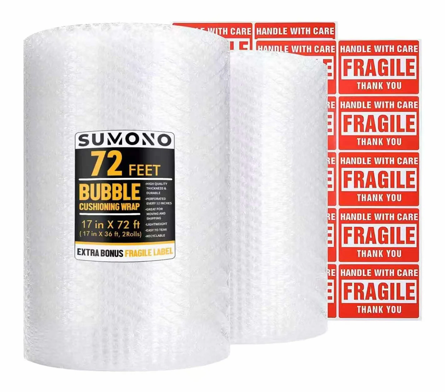 Rotolo di pluriball, 43 cm x 200 m in totale [2 rotoli da 10 piedi] Rotolo di pluriball perforato da 30,5 cm incluso 20 etichette adesive fragili