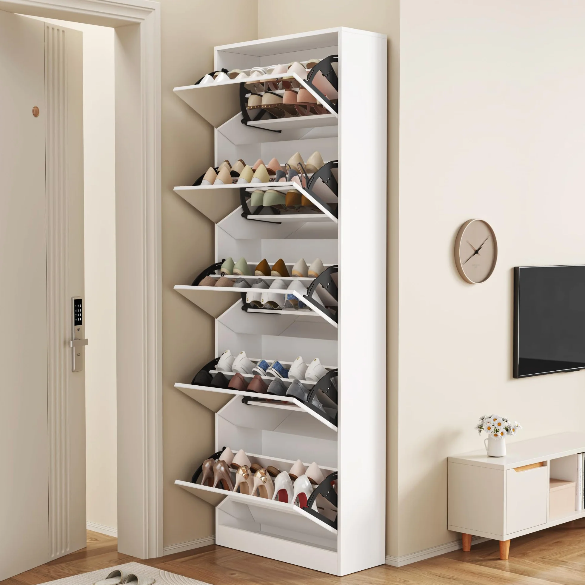 MURUL - Armadietto per scarpe con effetto specchio a 5 cassetti a ribalta, armadio per scarpe a due piani, armadio per scarpe con effetto specchio, ingresso, armadio per scarpe a ribalta indipendente