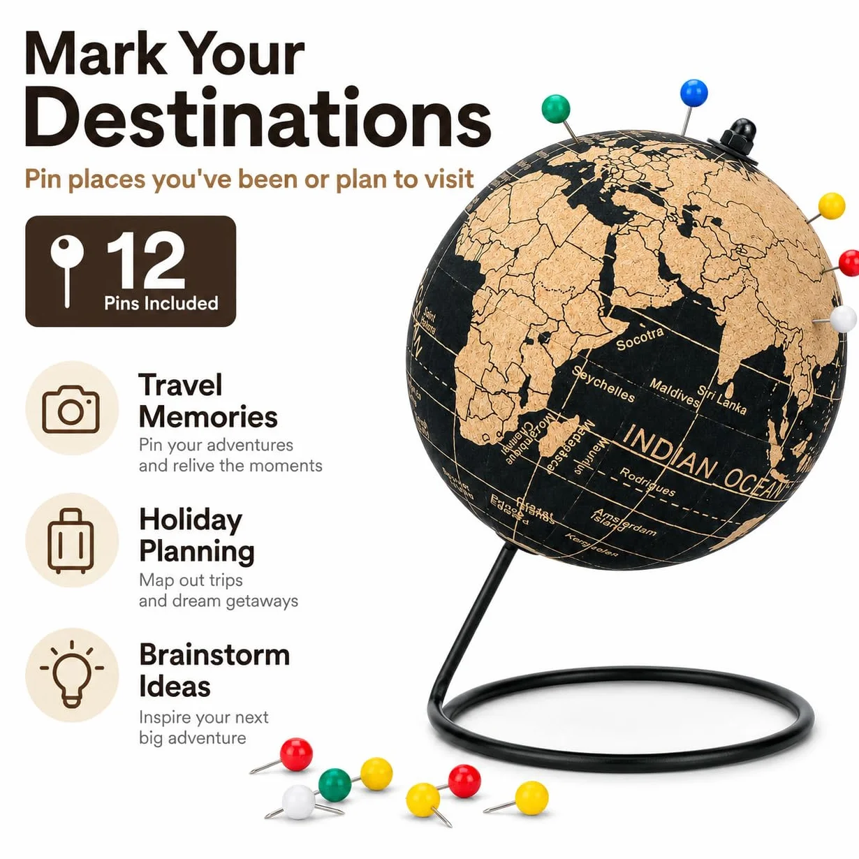 EXERZ Mappamondi in Sughero Naturale 14 cm con 12 Spilli Inclusi – Globo Educativo per Viaggi, Avventure e Pianificazione di Vacanze