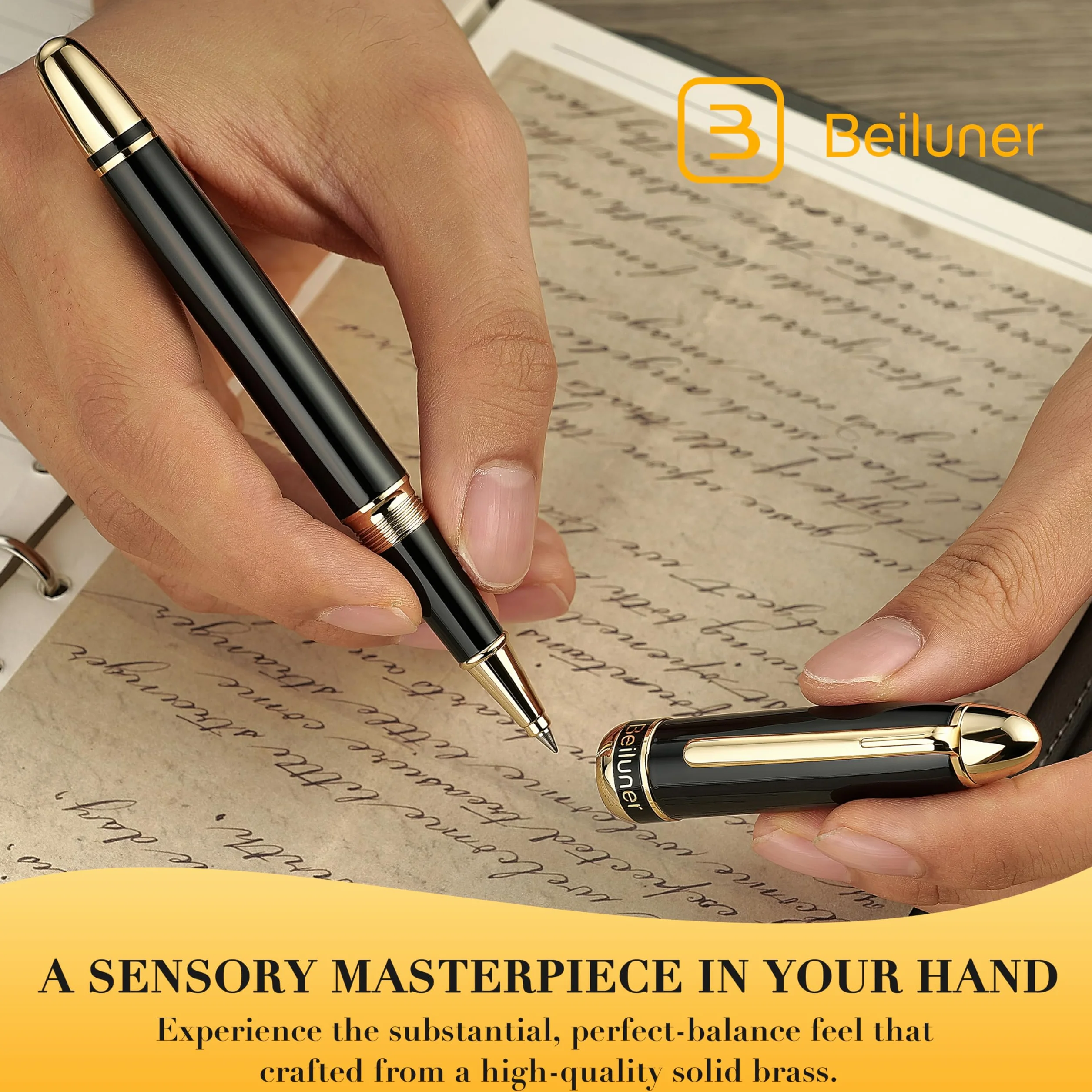 BEILUNER 315 Penna Rollerball di Lusso, Finitura Oro 24K Premium e Laccatura Piano Elegante, Set Regalo Dirigenziale per Professionisti e Laureati, Penna da Ufficio di Prestigio - Nero & Oro