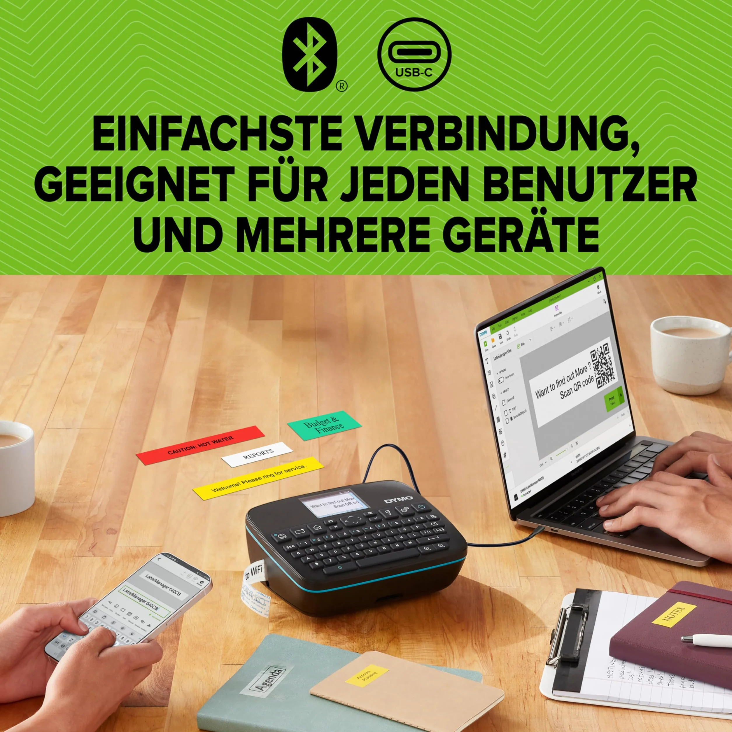 DYMO LabelManager Executive 640CB - Stampante per etichette portatile con borsa per il trasporto e 3 nastri per etichettatura, con tastiera QWERTZ, connettività Bluetooth e USB, compatibile con D1