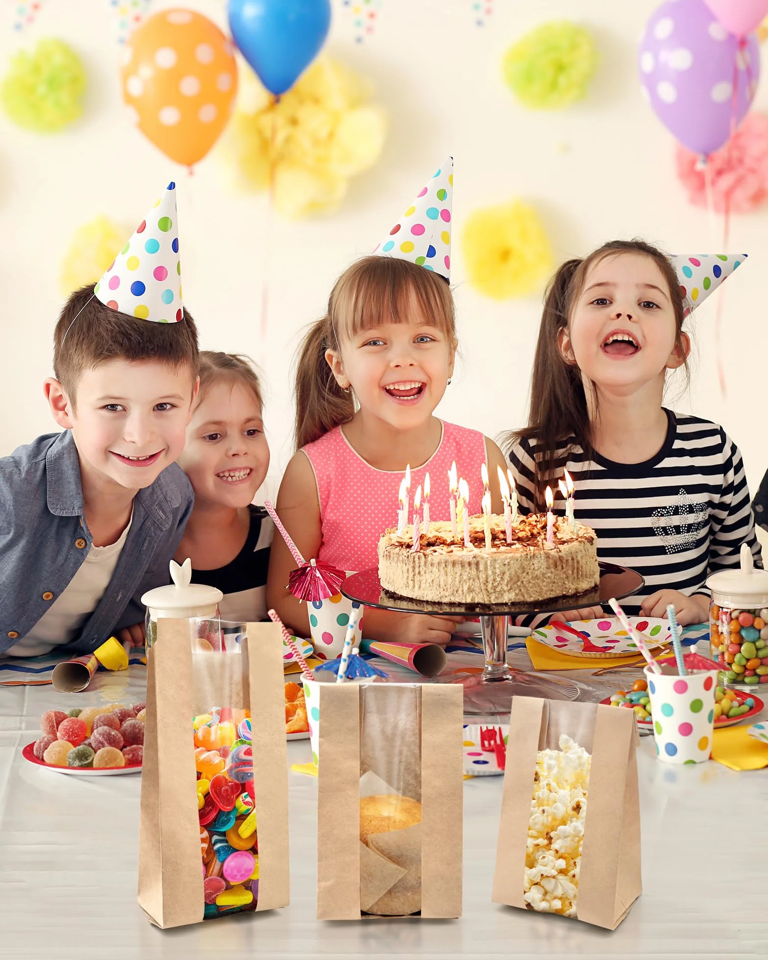 Sacchetti di Carta per Alimenti 50 Pezzi con Sigillo e Finestra, Kraft per Pane Dolci Torte, 8,89 x 5,85 x 19,05 cm