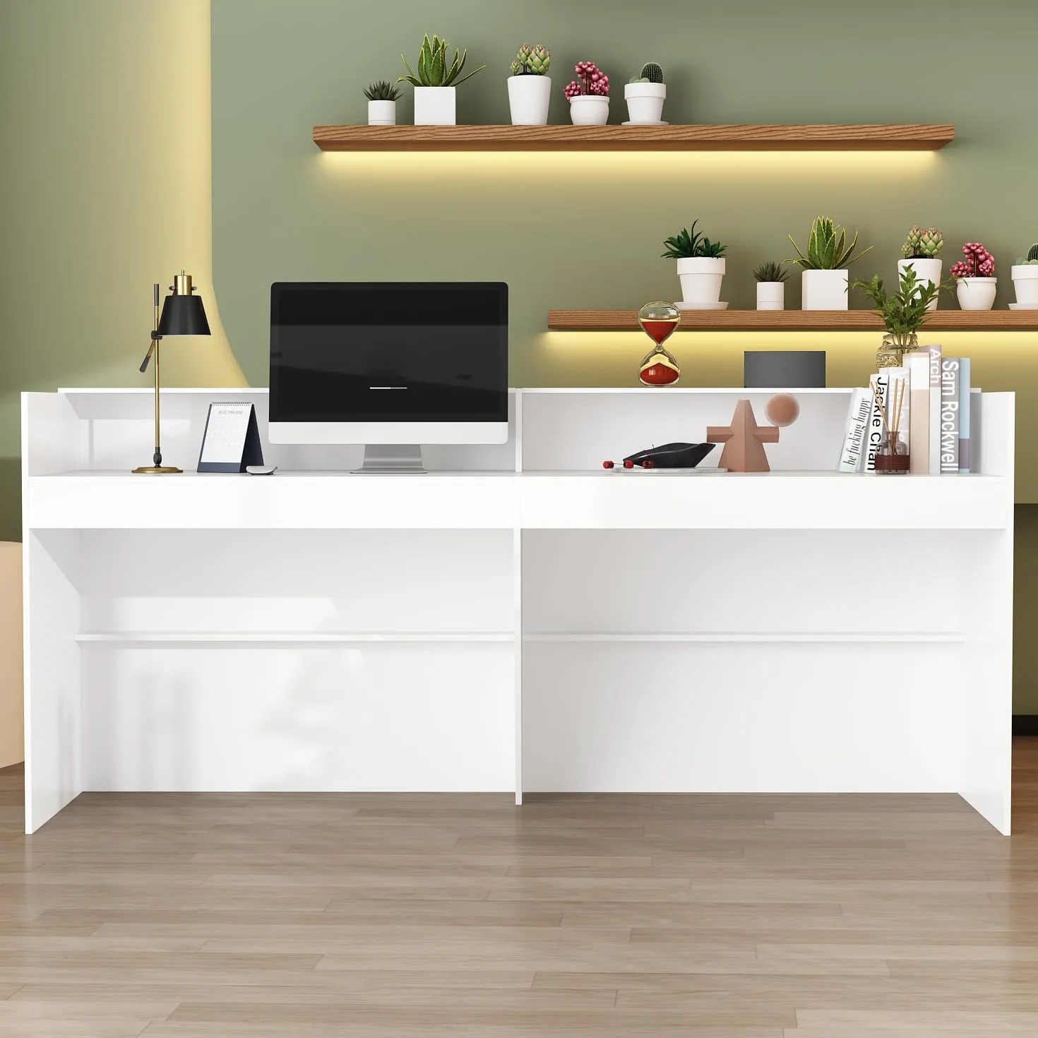 Banco di Ricevimento Con Grande Superficie di Lavoro, Bancone Della Reception, Tavolo da Ufficio Con Protezione per la Privacy, Bianco, 220 x 60 x 100 cm