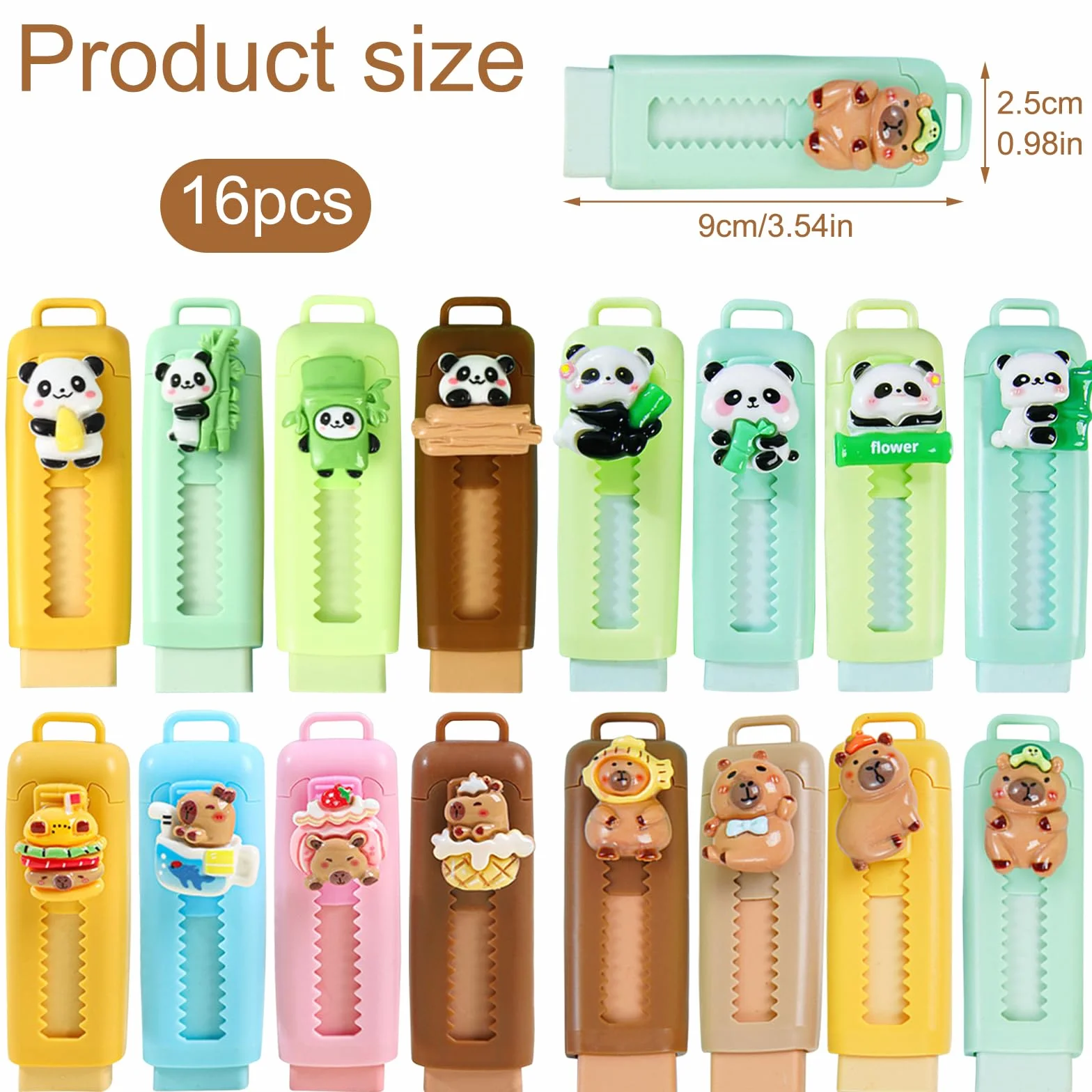 Kawaii Gomme da Cancellare Retrattili Bambini 16 Pezzi, Gomma Capybara & Panda, Regalini Festa Compleanno Scuola 4-10 Anni