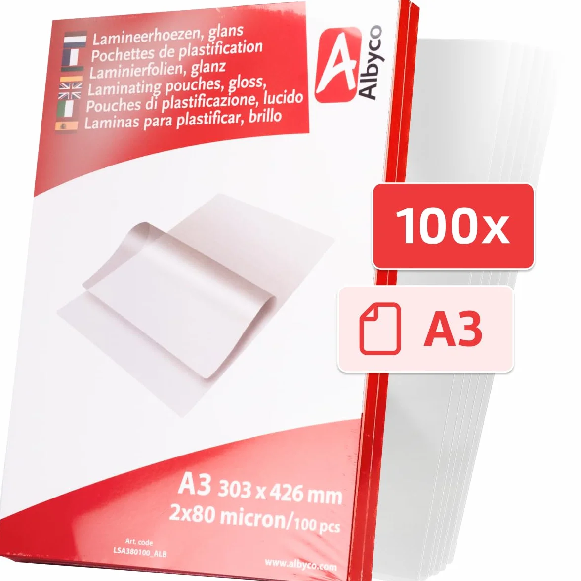 Albyco Foglio di Laminazione A3 Lucido 303x426 mm 160 Microns 100 Pezzi