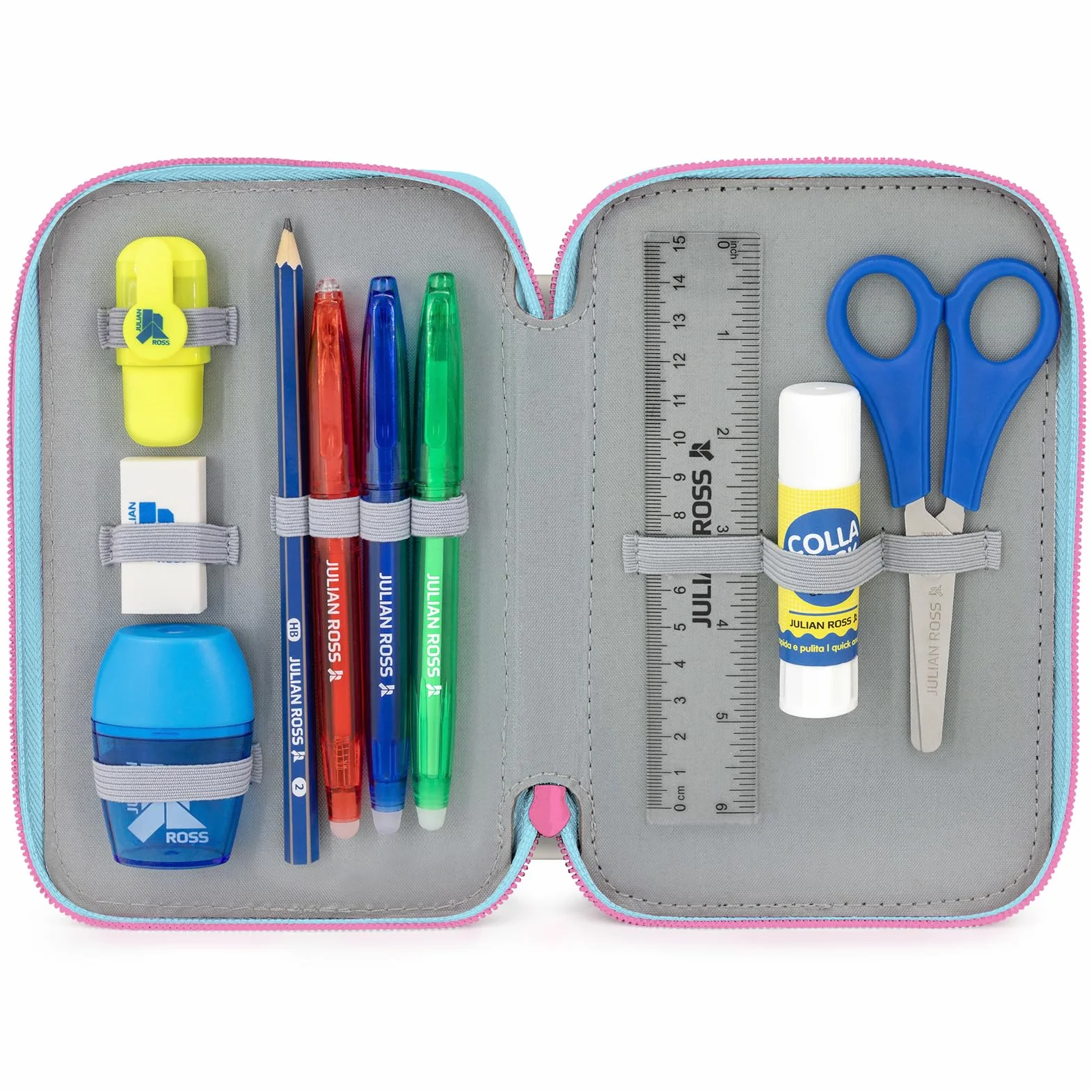 Clondo Astuccio Scuola 3 Scomparti Completo 46 Accessori Bambini Kit Cancelleria
