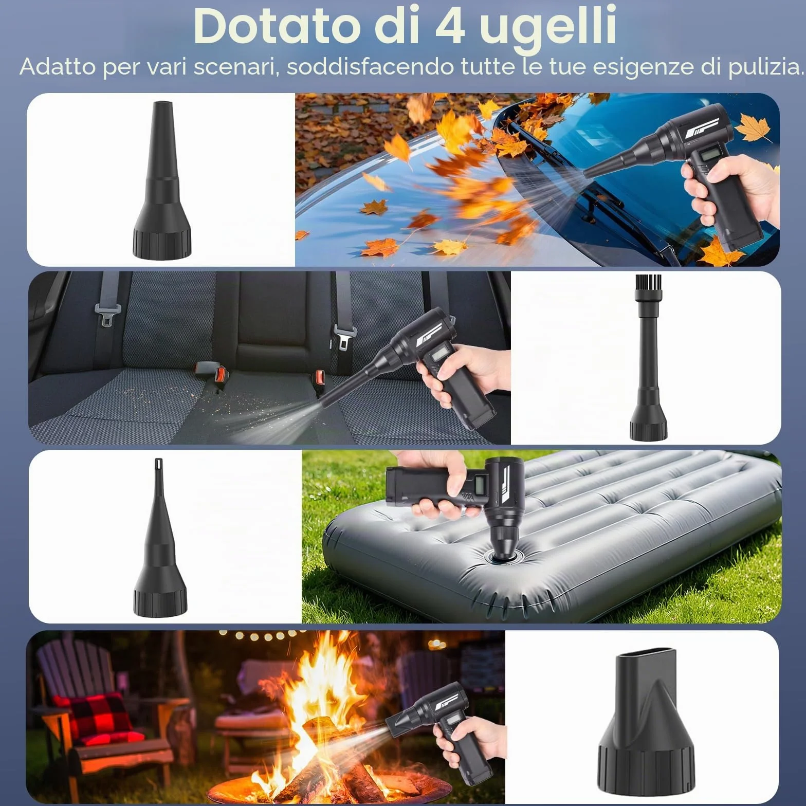Soffiatore ad Aria Compressa, Ventola a 9 Velocità, 130000giri/min, Pressione del Vento 540g, con Luce LED e Display HD, Ricarica di Tipo C, per la Rimozione Della Polvere da Computer, Case e Veicoli